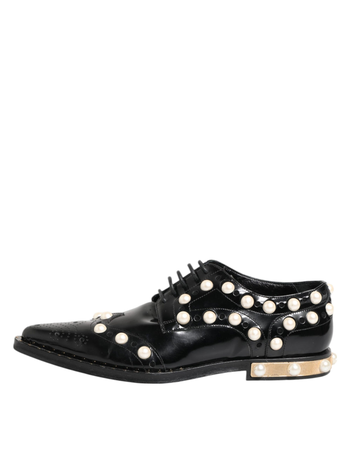 Dolce & Gabbana Black Leather Faux Pearl Dress Broque Women's Shoes (Pre-Owned)
