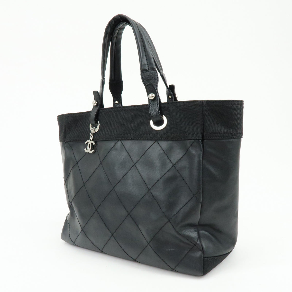 Chanel Biarritz Quilted Coated Canvas Black Leather Tote Bag Bag (Pre-Owned)