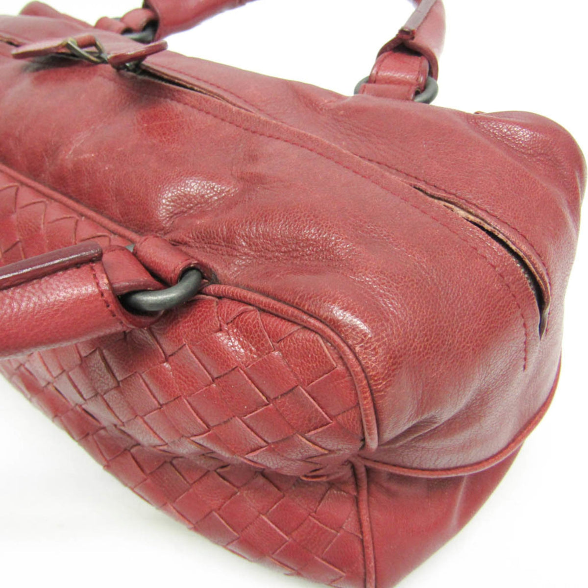 Bottega Veneta Zip Boston Intrecciato Nappa Red Leather Handbag (Pre-Owned)
