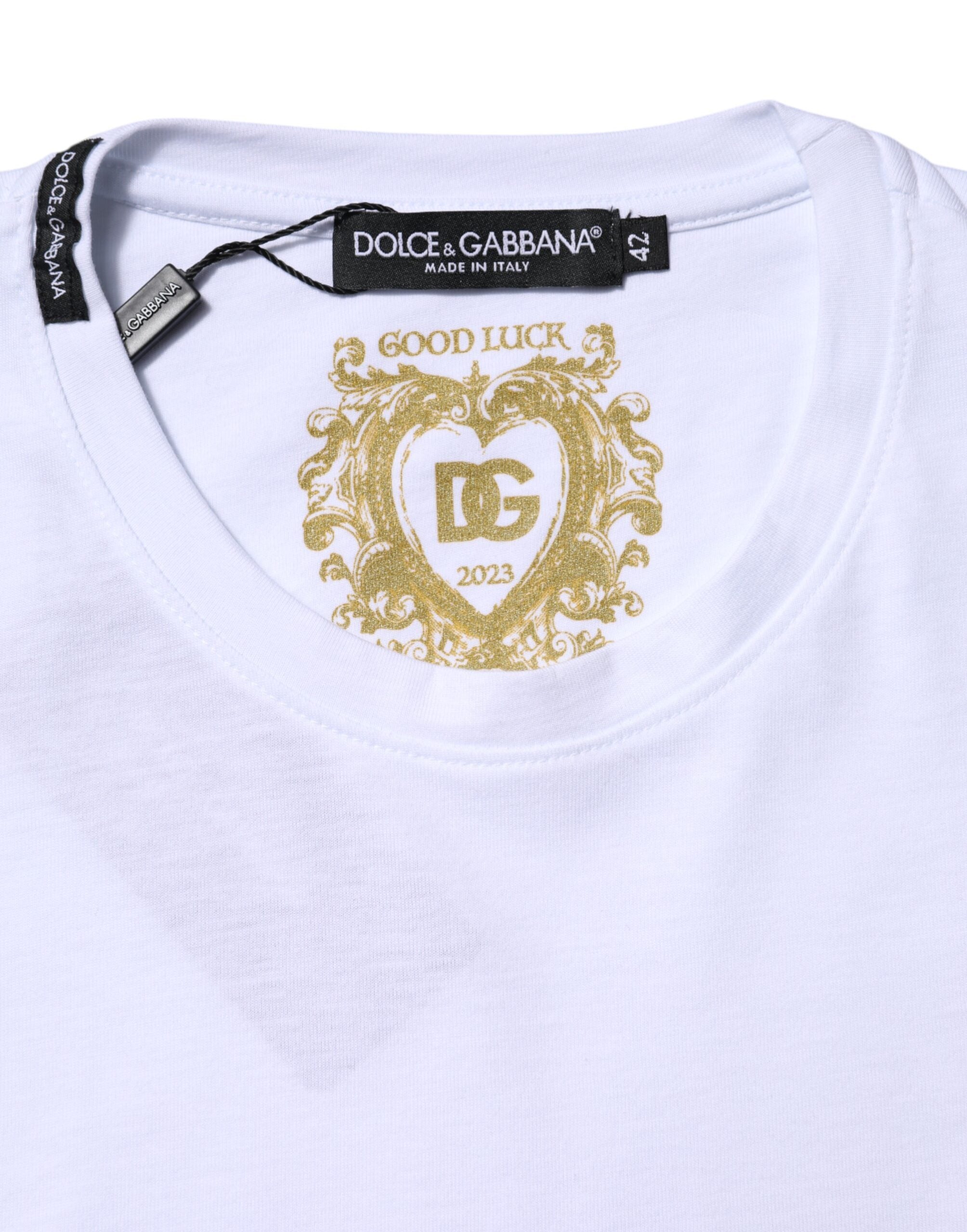 Dolce & Gabbana White Cotton Goodluck 2023 Crew Neck Women's T-shirt