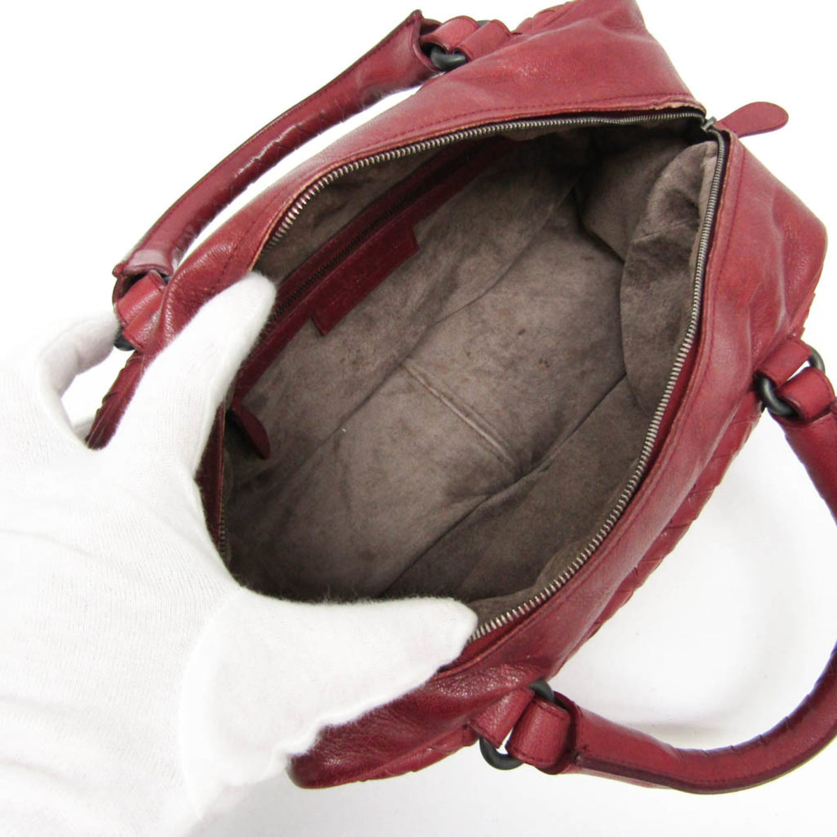 Bottega Veneta Zip Boston Intrecciato Nappa Red Leather Handbag (Pre-Owned)