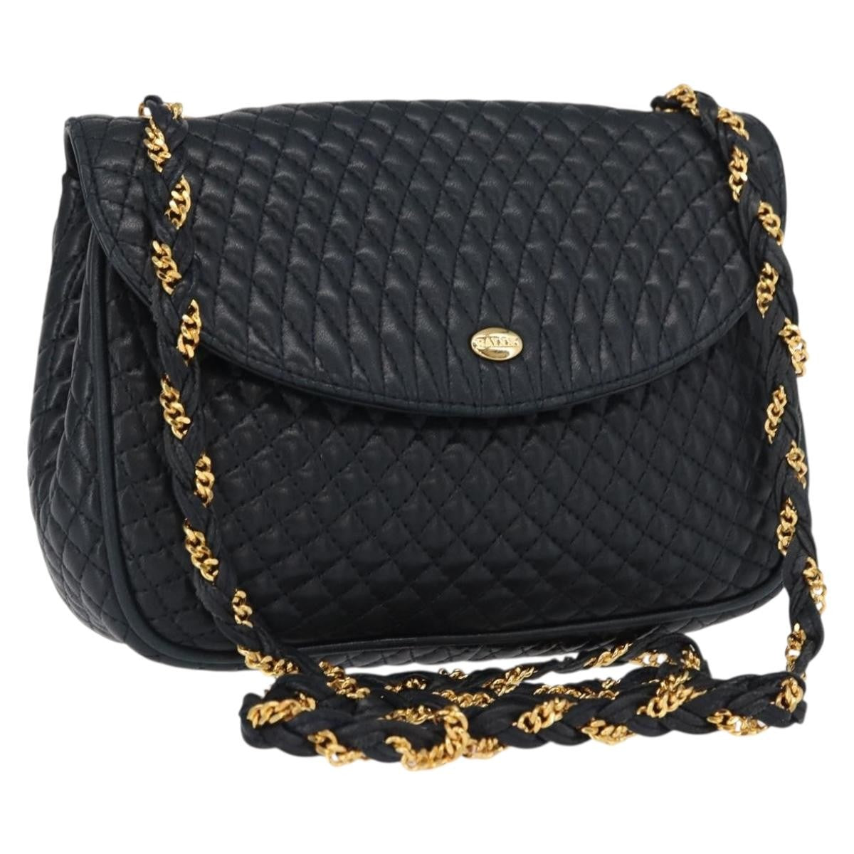Bally Vintage Chain Quilted Leather Navy Leather Shoulder Bag Bag (Pre-Owned)