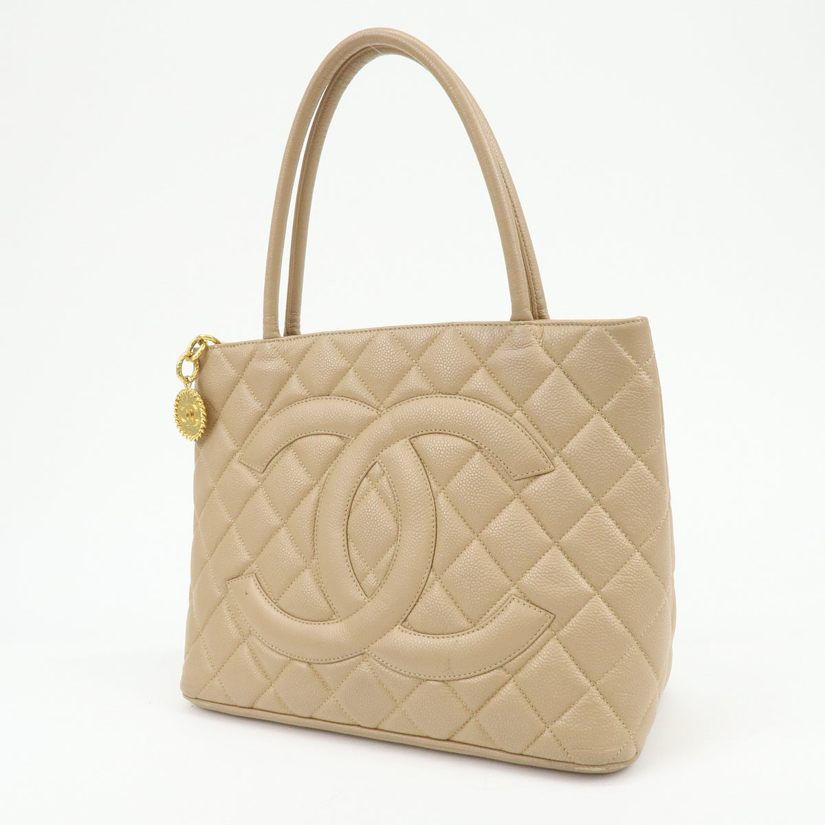 Chanel Medallion Quilted Lambskin Beige Leather Tote Bag Bag (Pre-Owned)
