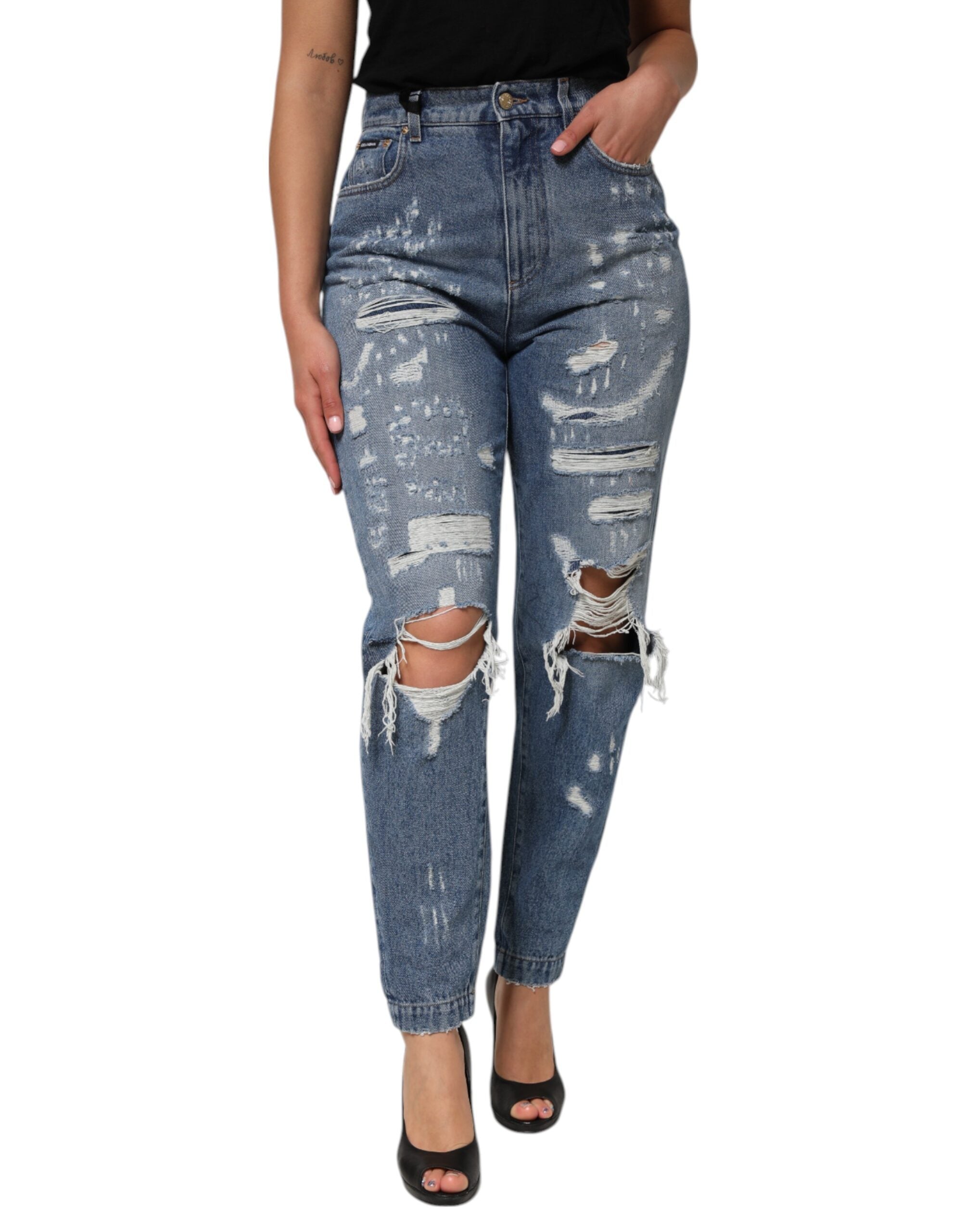 Dolce & Gabbana Blue Tattered High Waist Women Denim Women's Jeans (Pre-Owned)