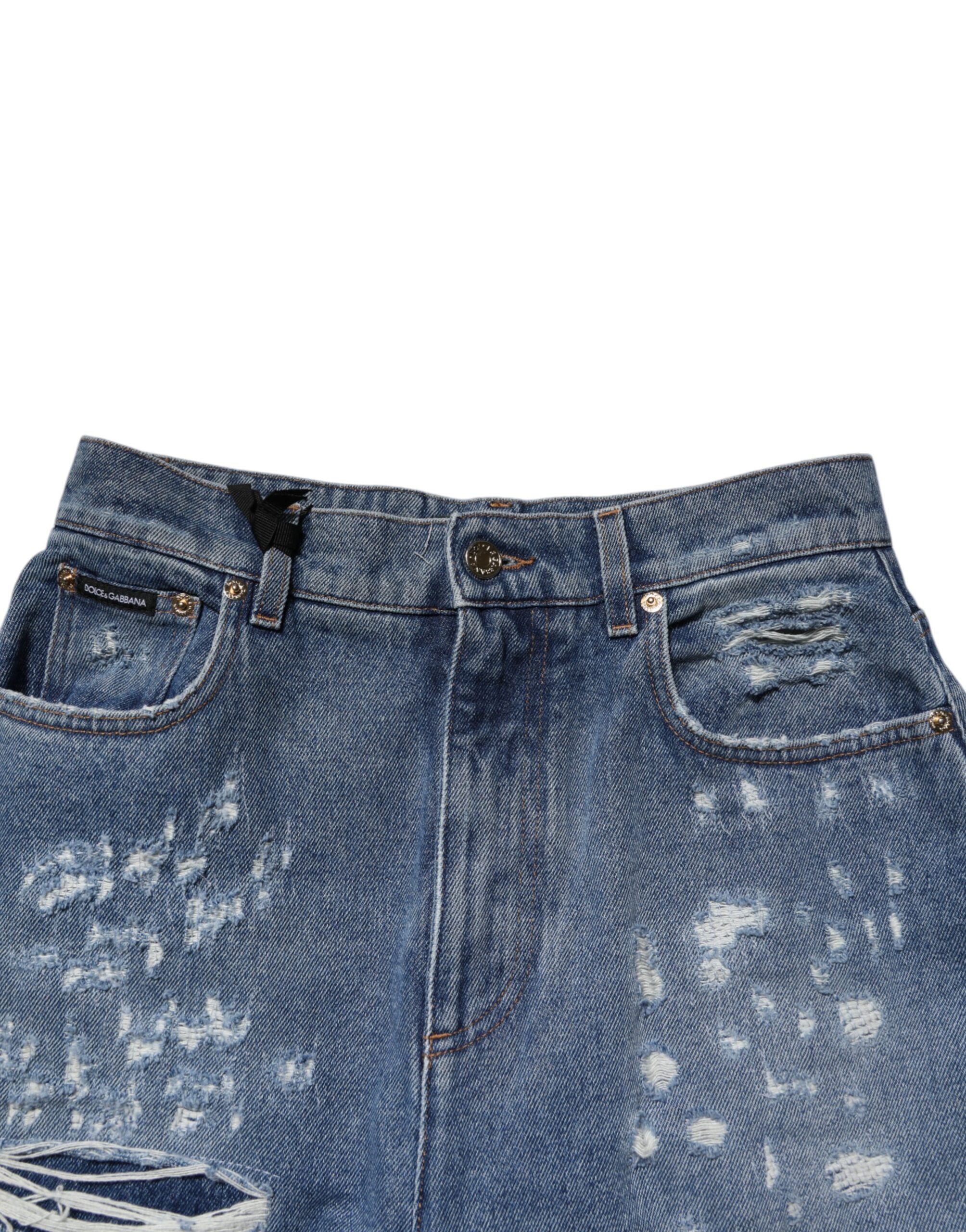 Dolce & Gabbana Blue Tattered High Waist Women Denim Women's Jeans (Pre-Owned)