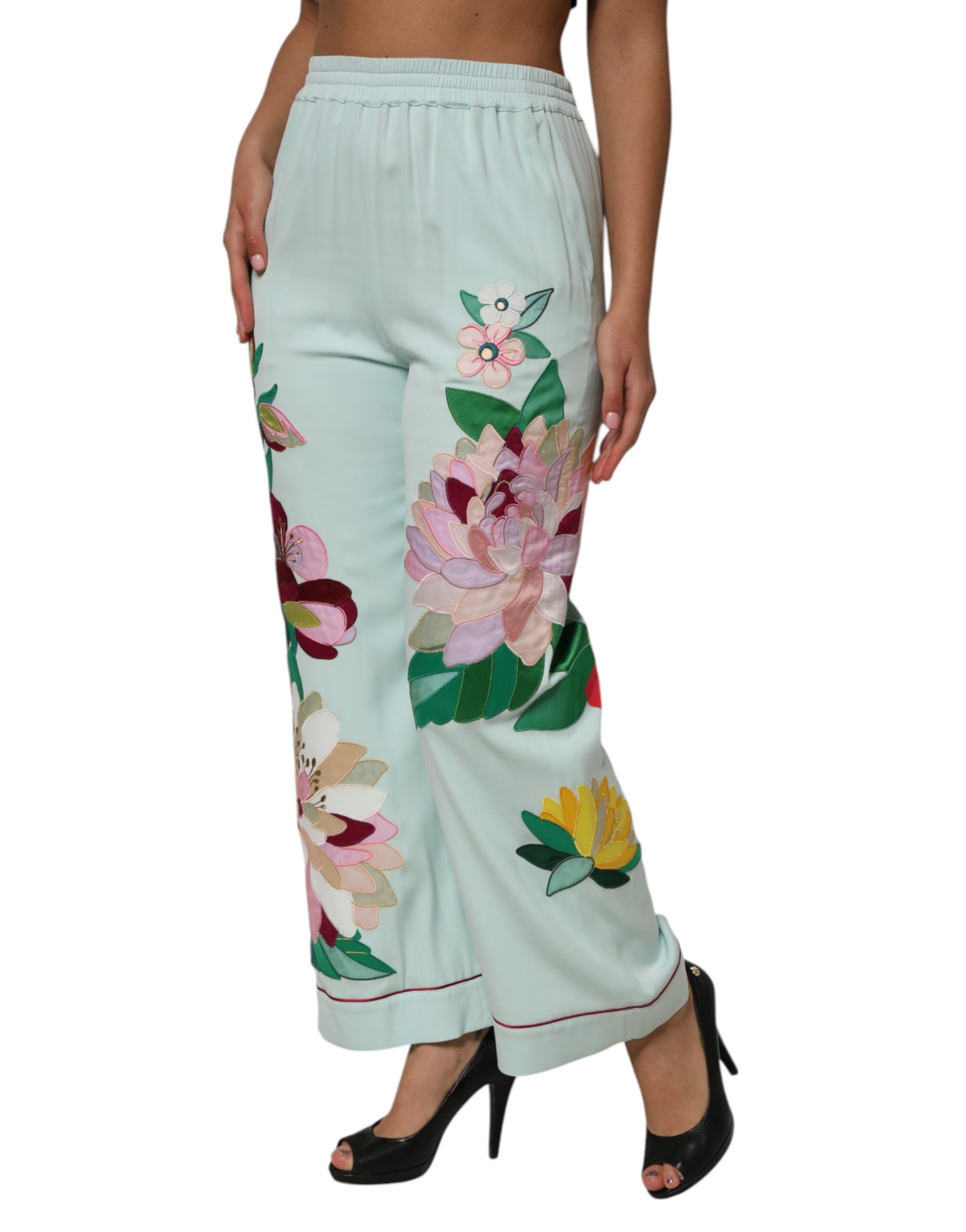 Dolce & Gabbana Green Floral Garterized Straight Pajama Women's Pants