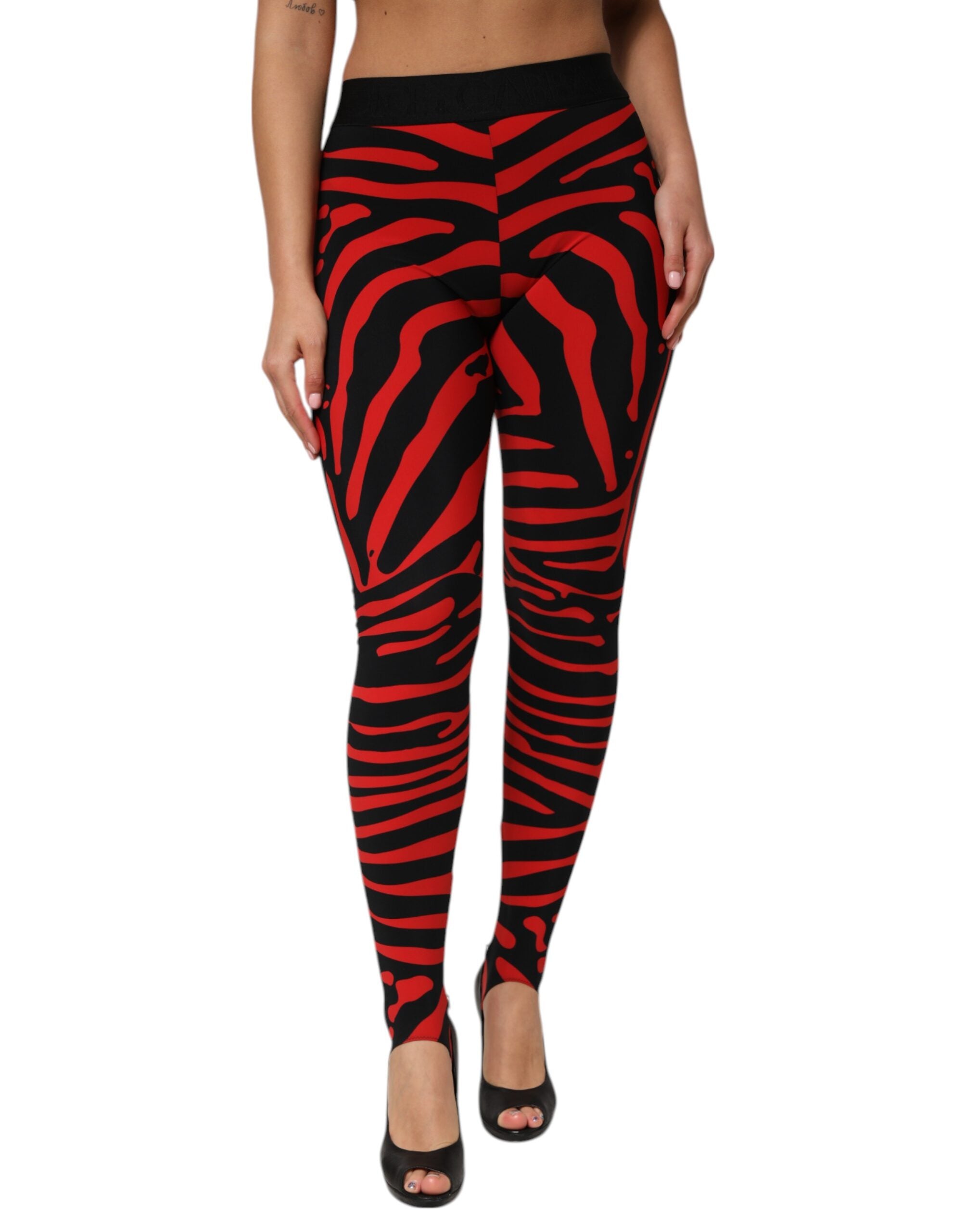 Dolce & Gabbana Black Red Nylon Logo Waisted Leggings Women's Pants