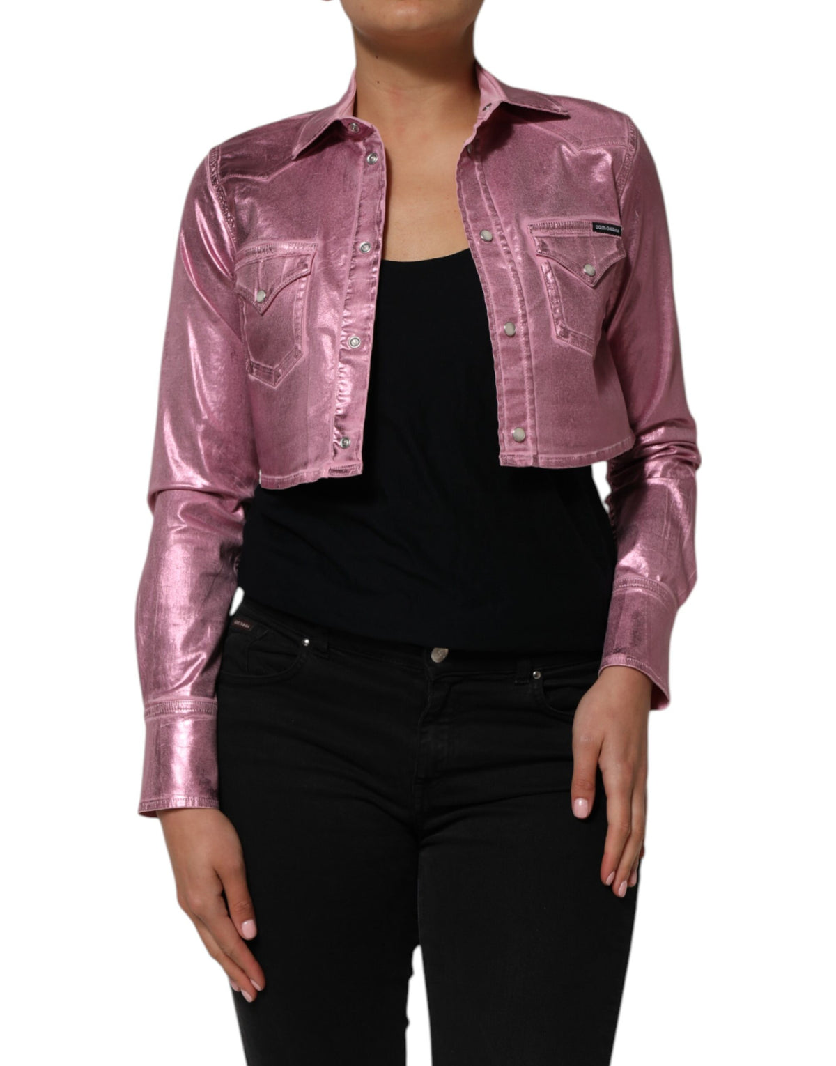 Dolce & Gabbana Pink Cotton Stretch Collared Cropped Women's Jacket (Pre-Owned)