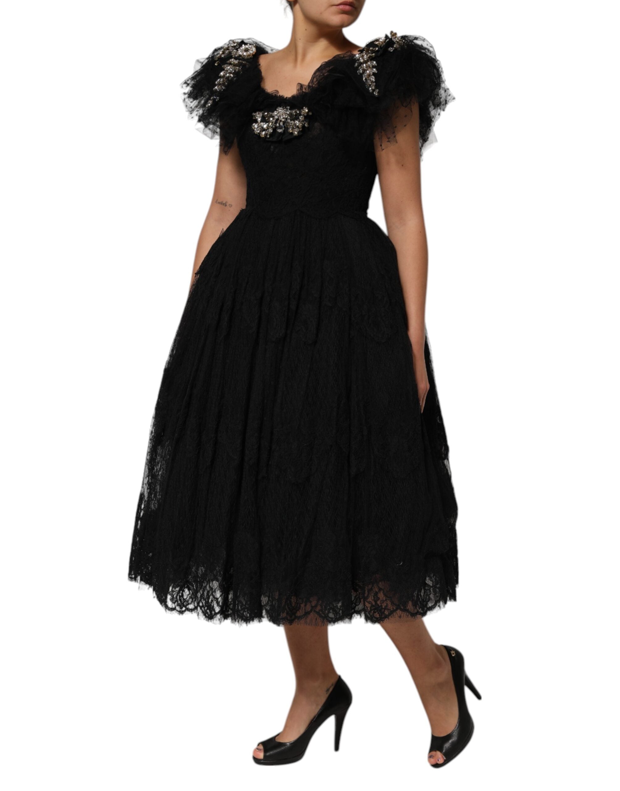 Dolce & Gabbana Black Crystal Embellished Midi A-line Women's Dress