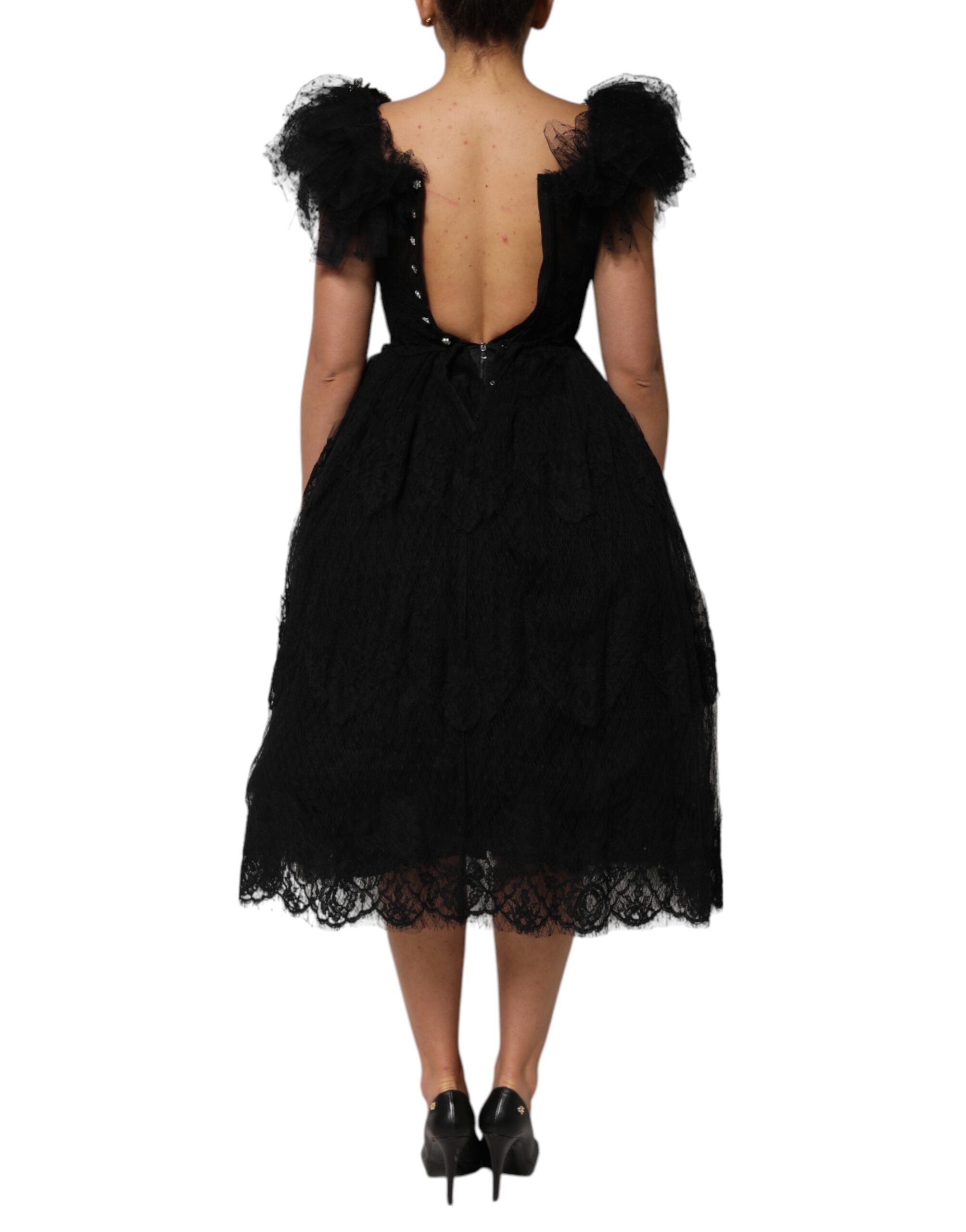 Dolce & Gabbana Black Crystal Embellished Midi A-line Women's Dress
