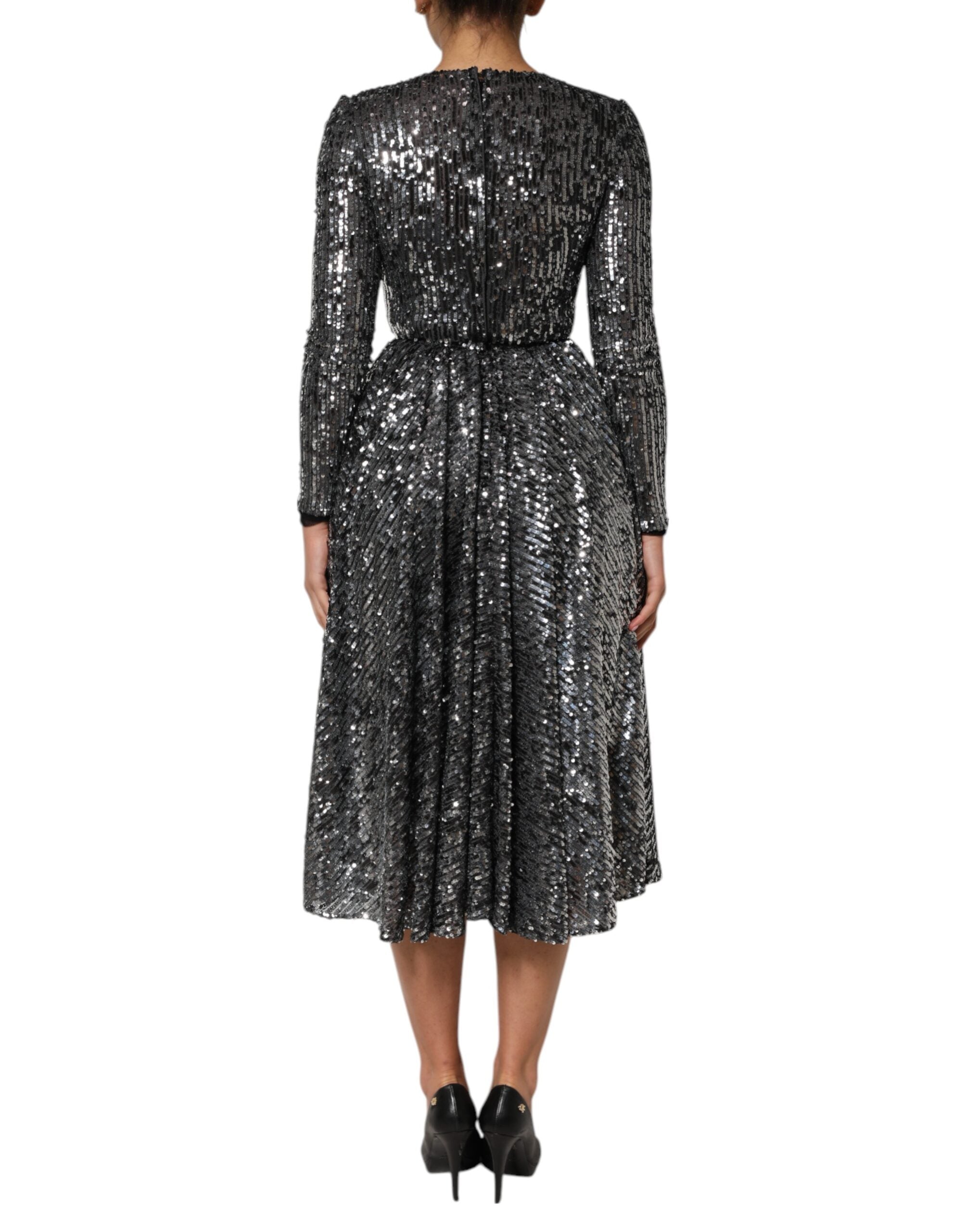 Dolce & Gabbana Black Sequined Long Sleeves Midi A-line  Women's Dress