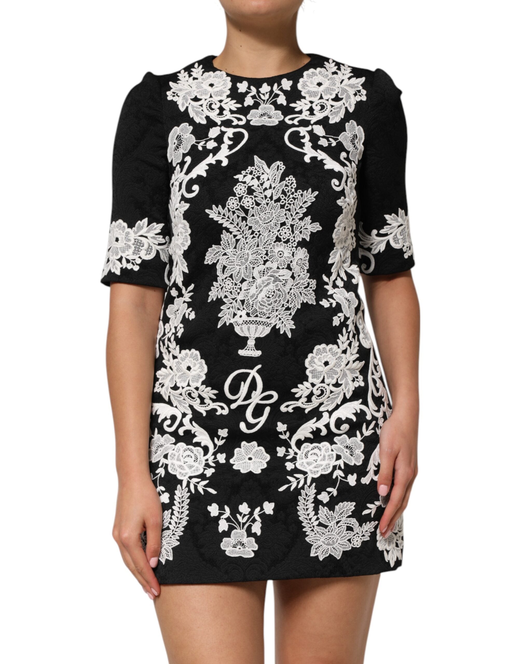 Dolce & Gabbana Black Lace Trim Short Sleeves A-line Women's Dress