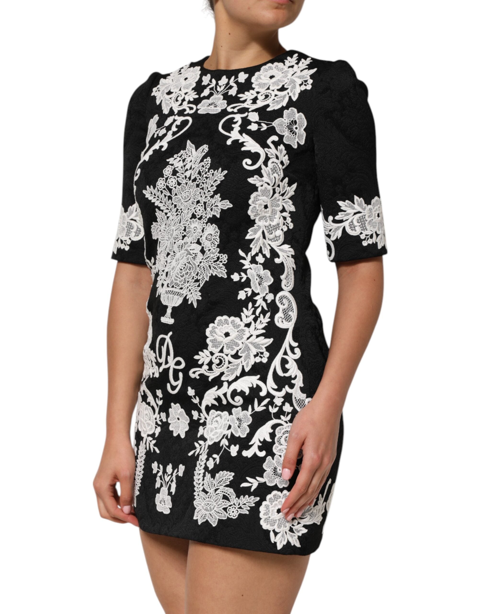 Dolce & Gabbana Black Lace Trim Short Sleeves A-line Women's Dress