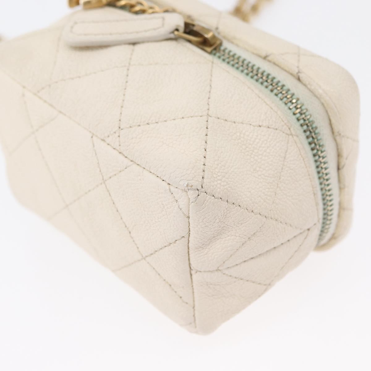 Chanel Top Handle Zip Around Vanity Case With Chain Quilted Caviar White Leather Handbag (Pre-Owned)