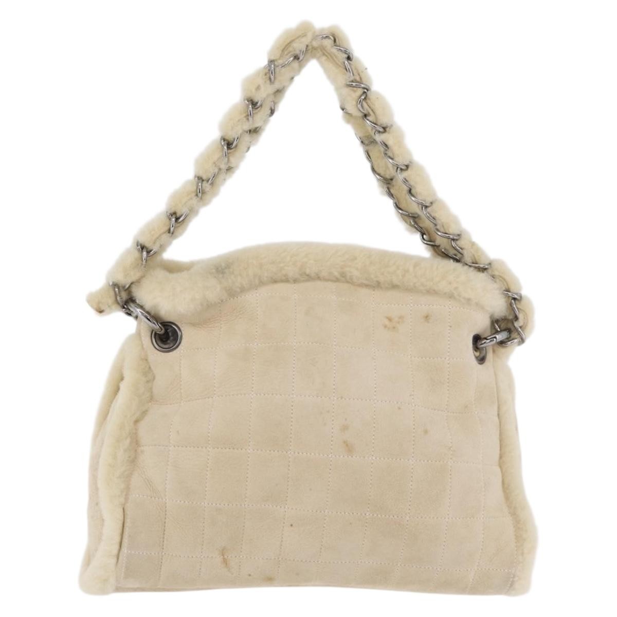 Chanel Vintage Embroidered Cc Chain Tote Quilted Suede And Shearling Beige Canvas Tote Bag Bag (Pre-Owned)