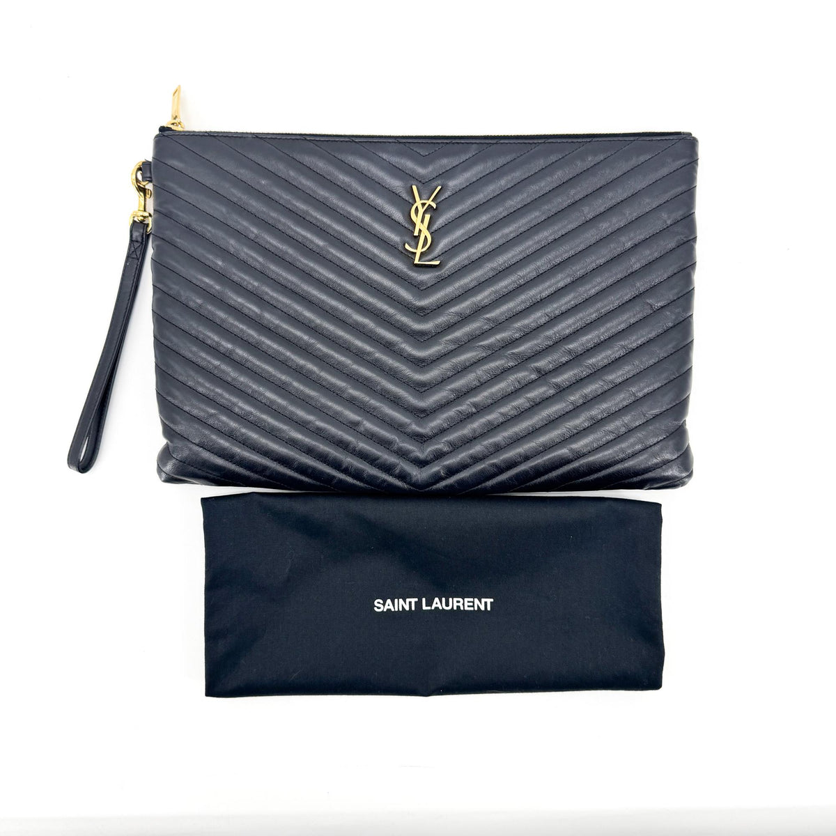 Saint Laurent Puffy Zip Patent Black Leather Clutche & Pouche Bag (Pre-Owned)