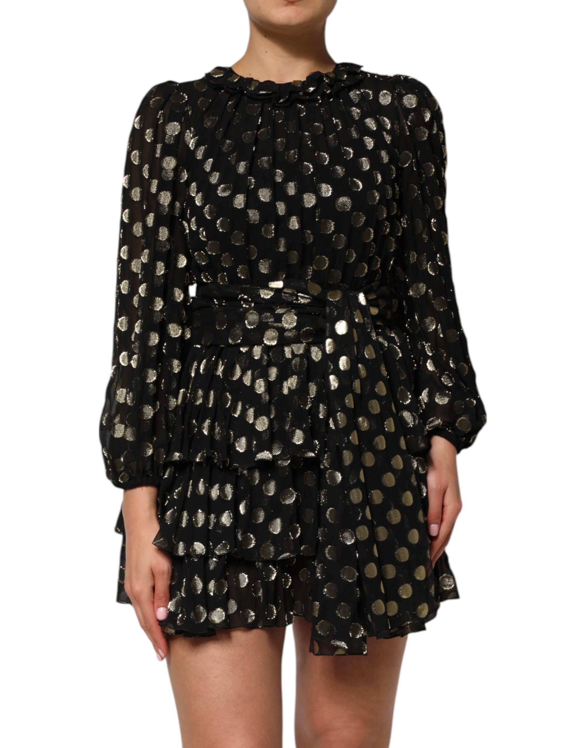 Dolce & Gabbana Black Gold Polka Dot Silk Brocade Mini Women's Dress