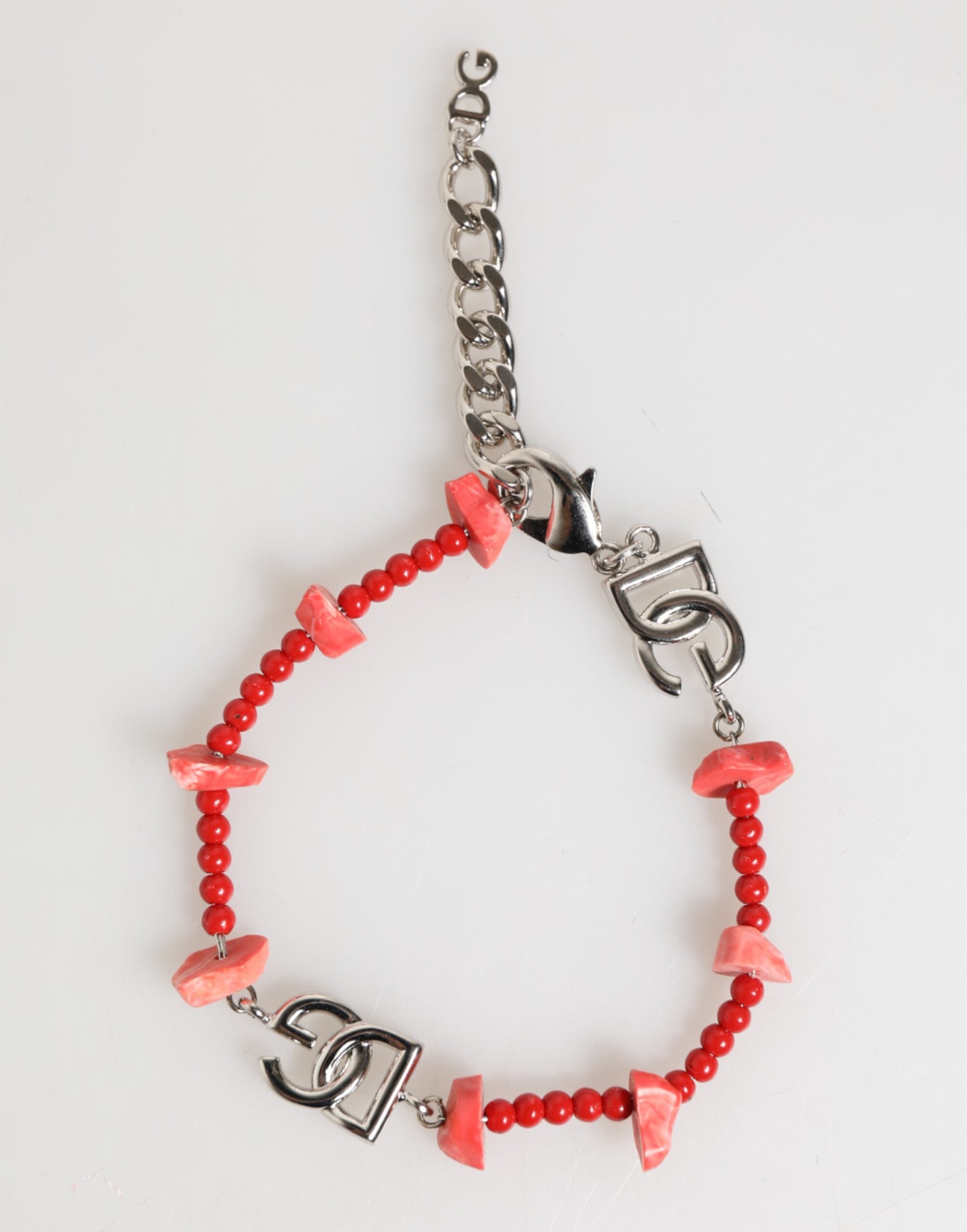 Dolce & Gabbana Silver Tone Brass Beaded Resin DG Logo Chain Men Men's Bracelet