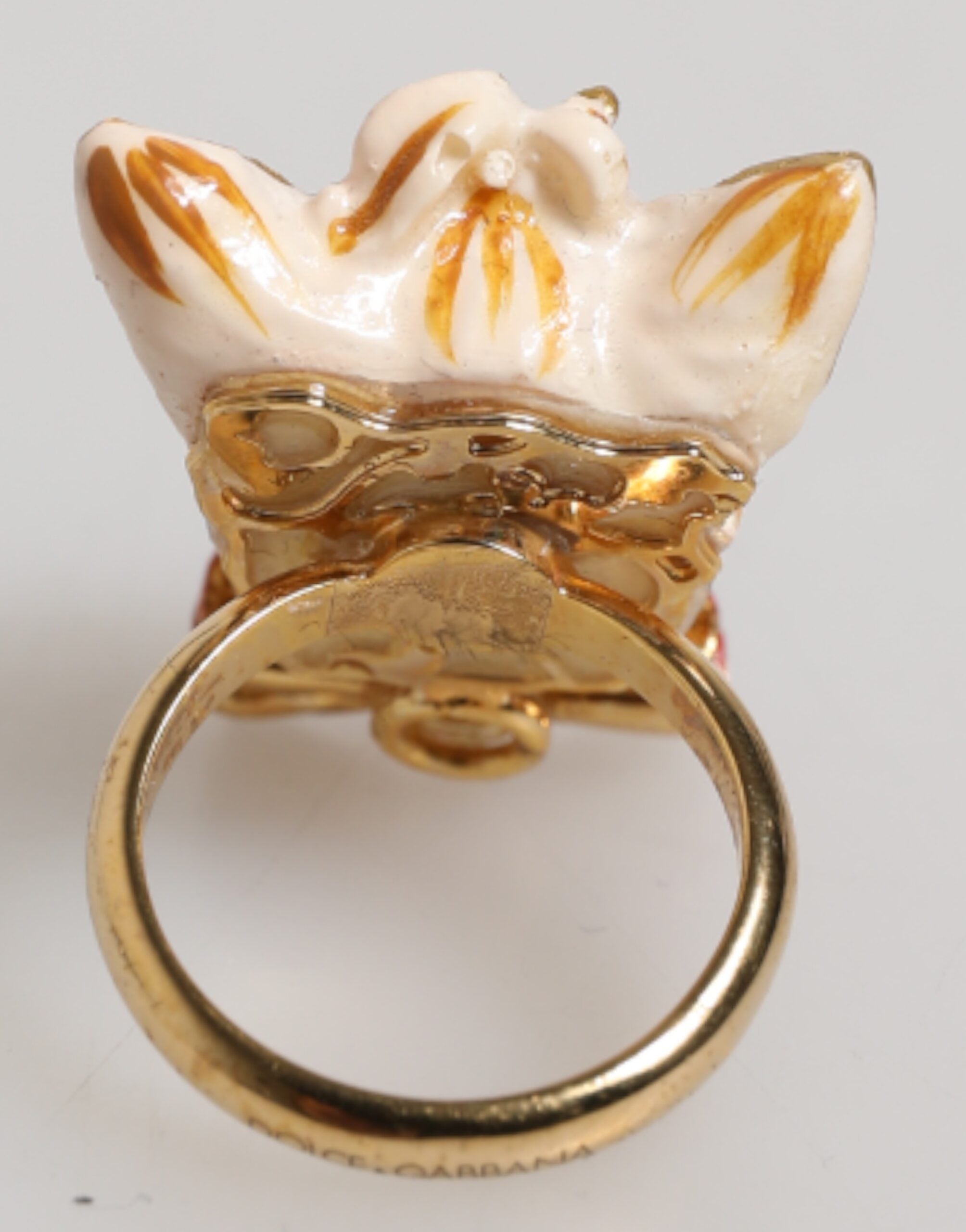 Dolce & Gabbana Gold Brass Resin Beige Dog Pet Accessory Women's Ring