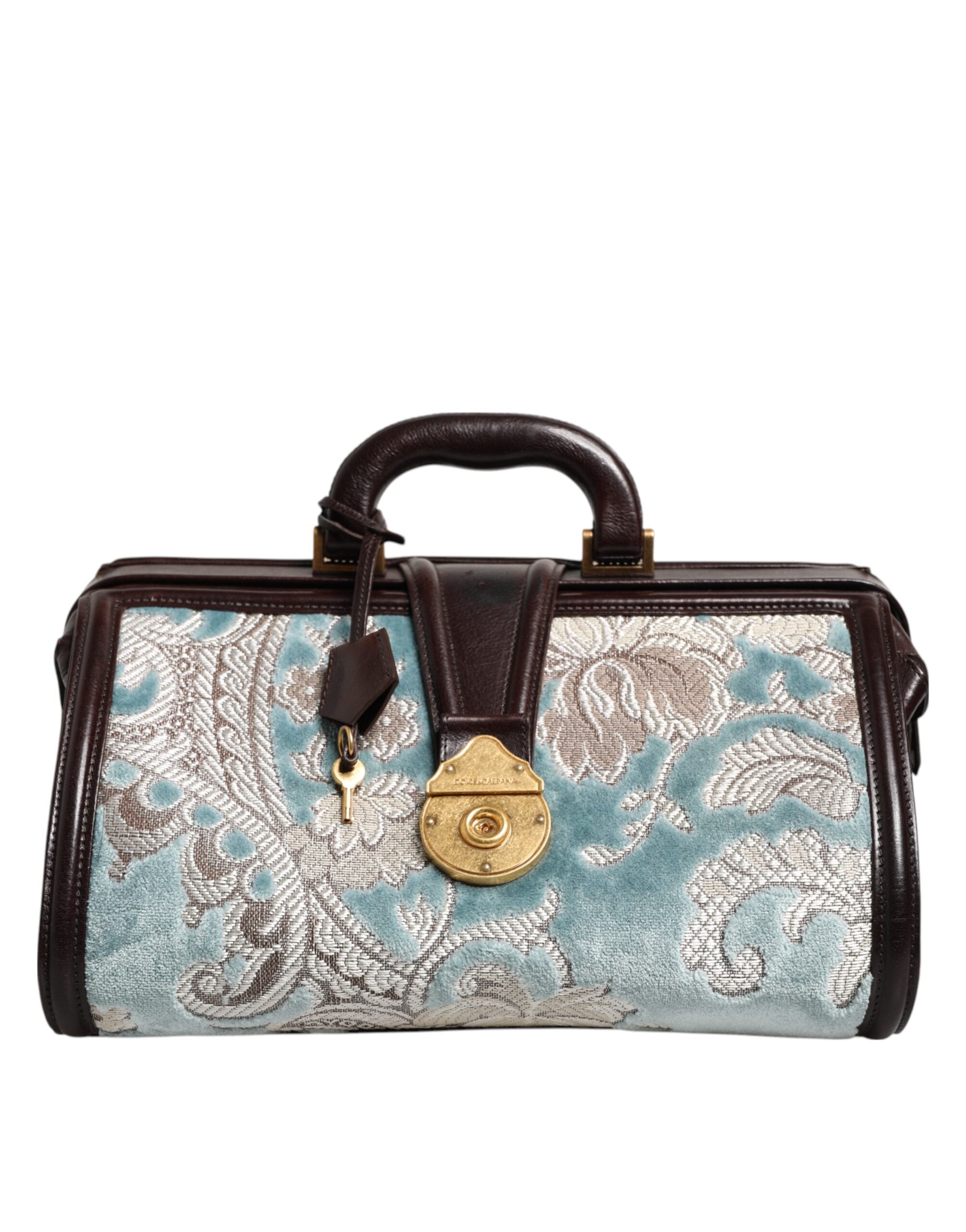 Dolce & Gabbana Blue Brown Leather Floral Jacquard Travel HandMen's Men's Bag (Pre-Owned)