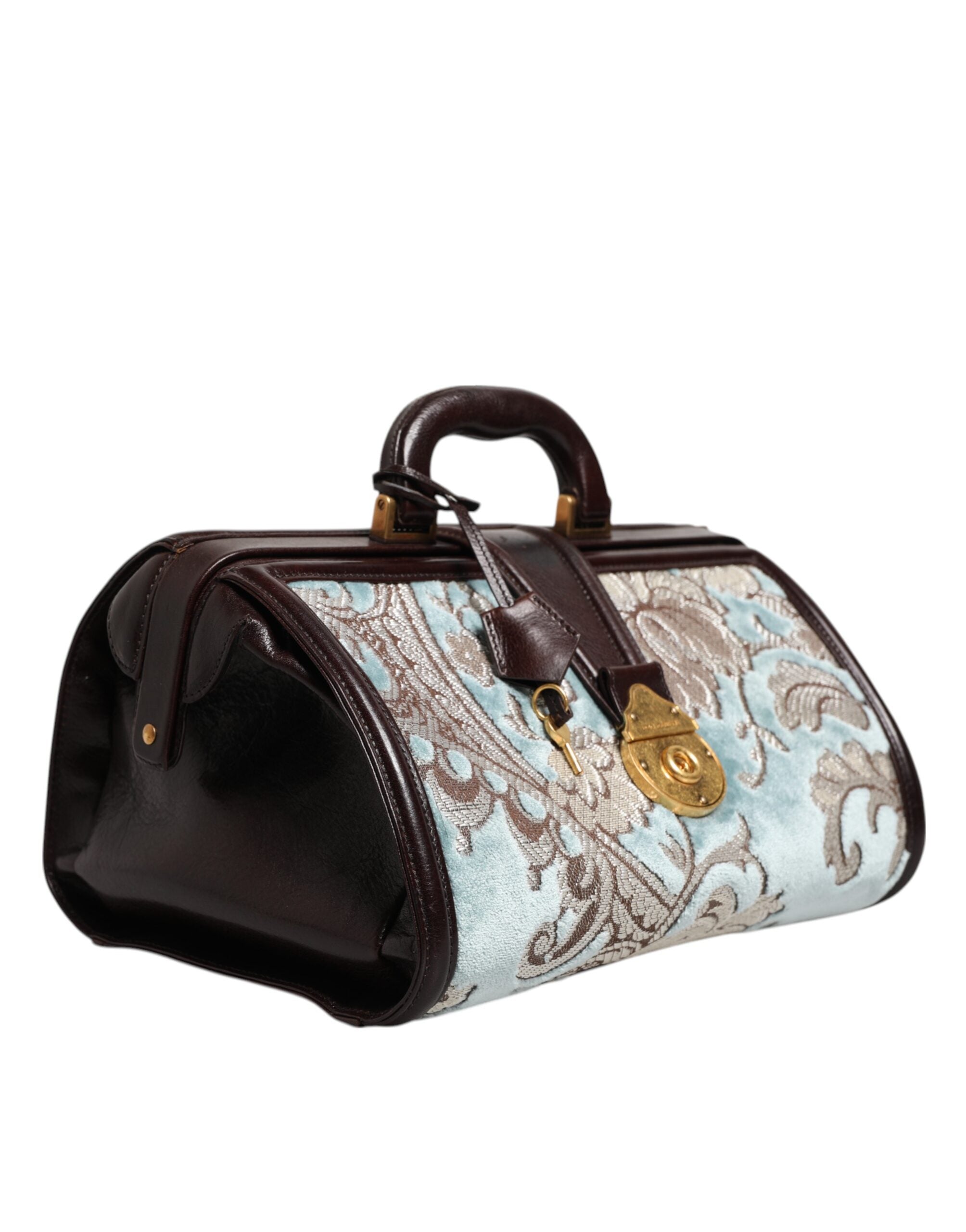 Dolce & Gabbana Blue Brown Leather Floral Jacquard Travel HandMen's Men's Bag (Pre-Owned)