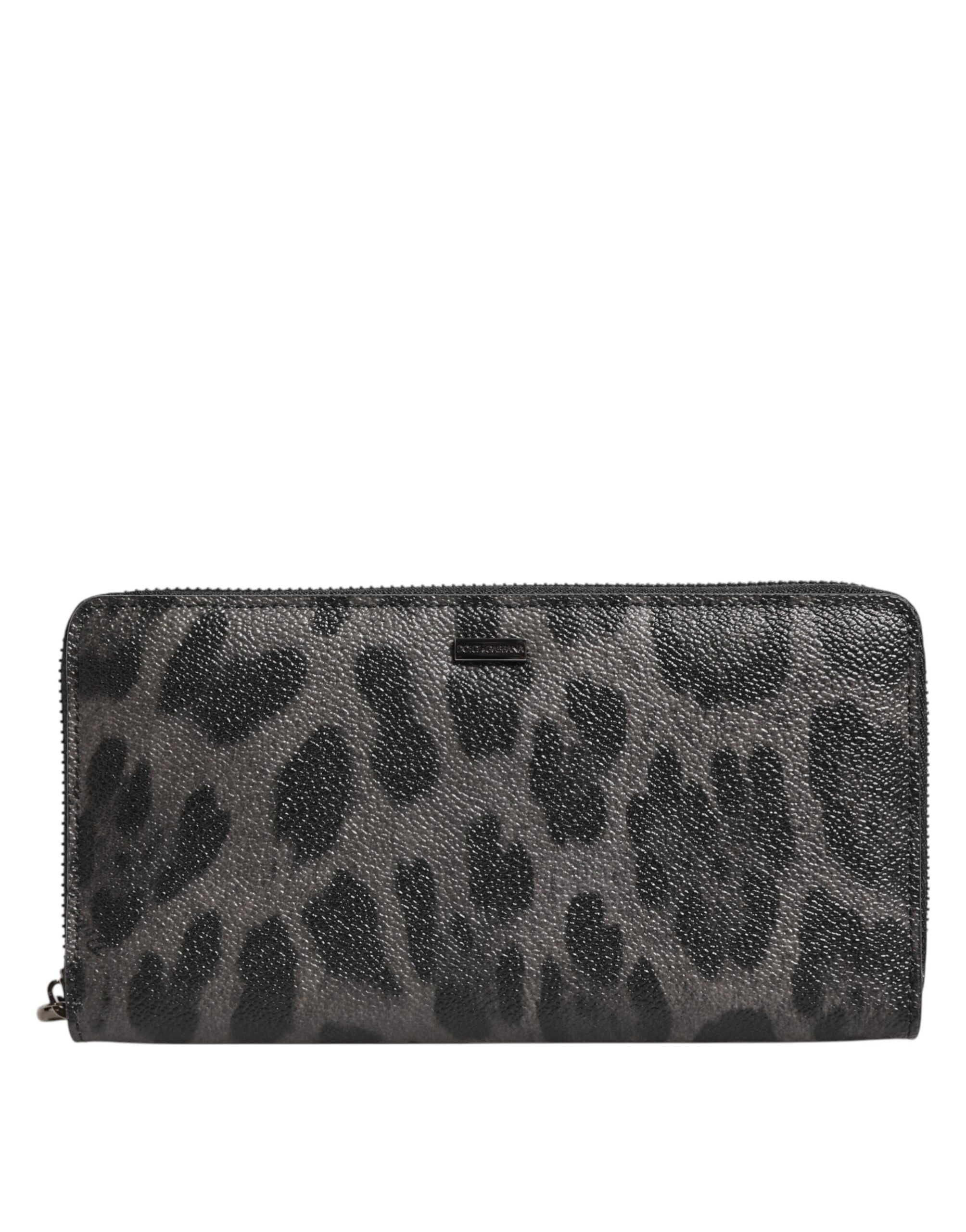 Dolce & Gabbana Black Gray Leopard Leather Zip Around Continental Men's Wallet