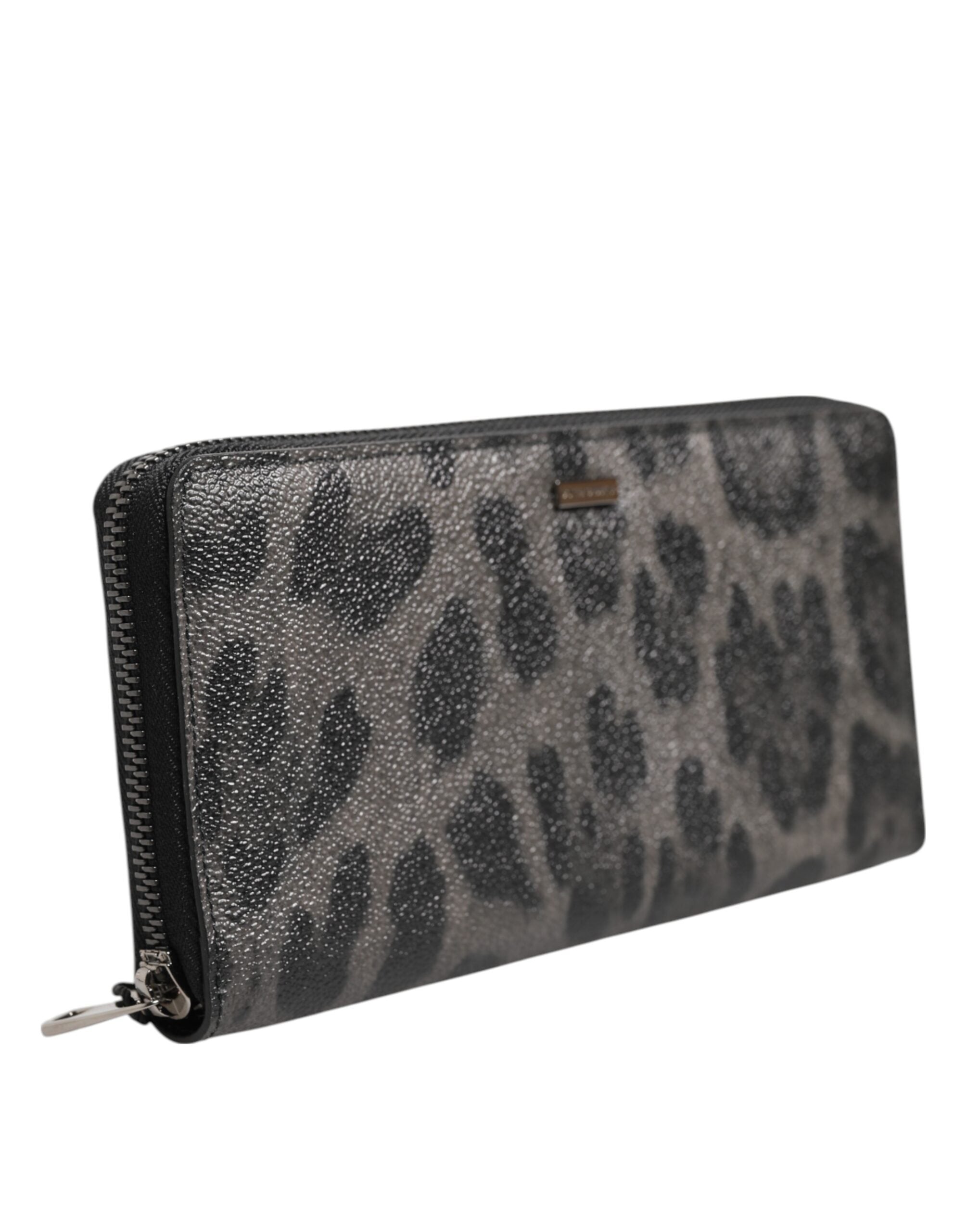 Dolce & Gabbana Black Gray Leopard Leather Zip Around Continental Men's Wallet