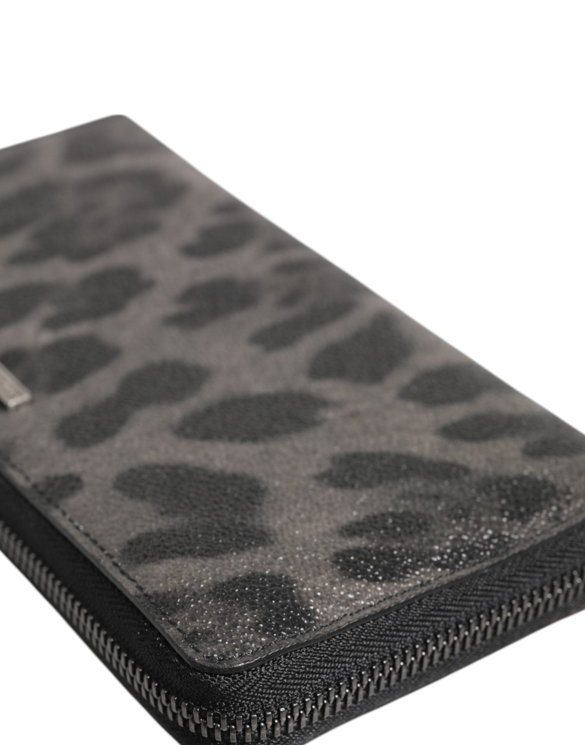 Dolce & Gabbana Black Gray Leopard Leather Zip Around Continental Men's Wallet