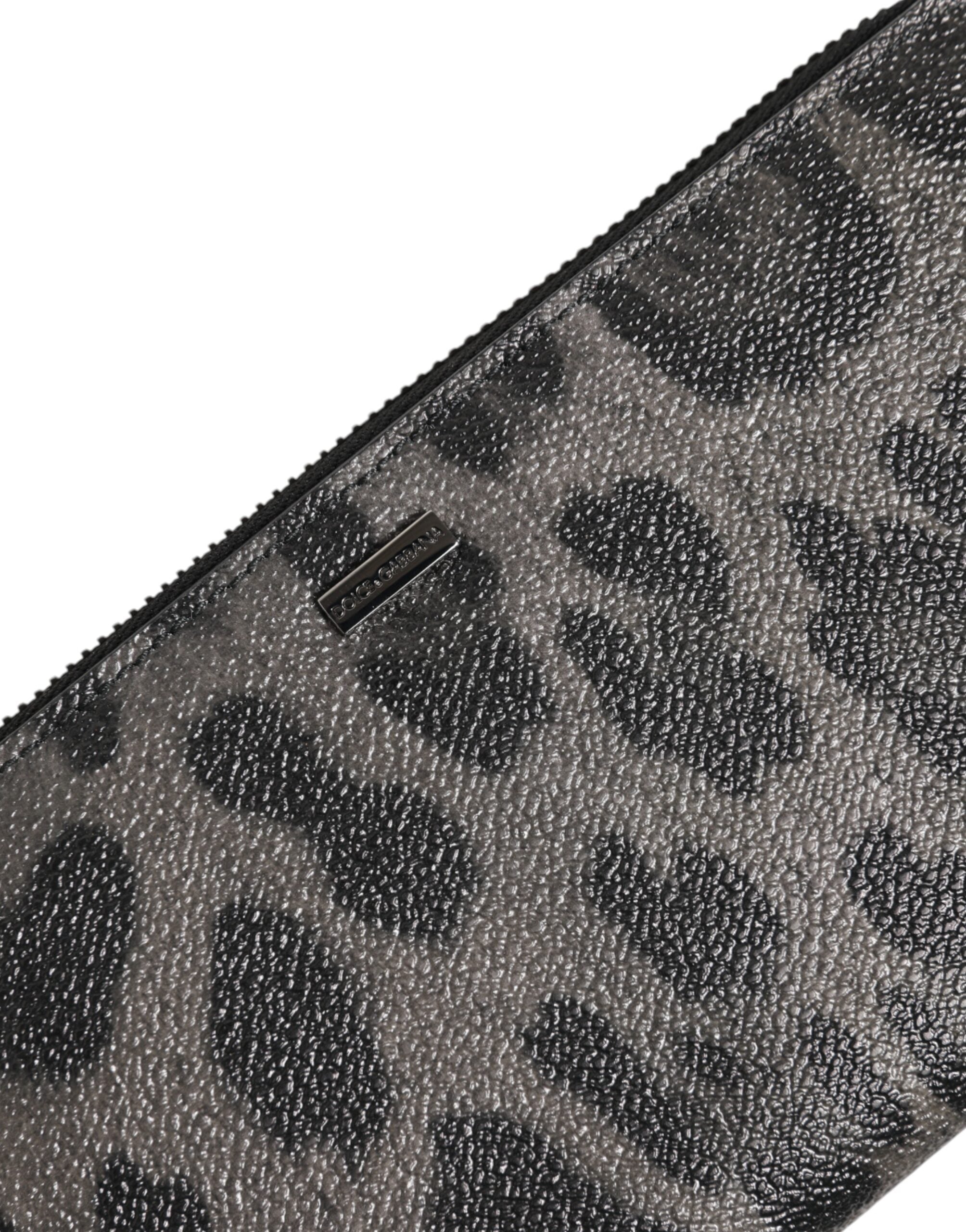 Dolce & Gabbana Black Gray Leopard Leather Zip Around Continental Men's Wallet