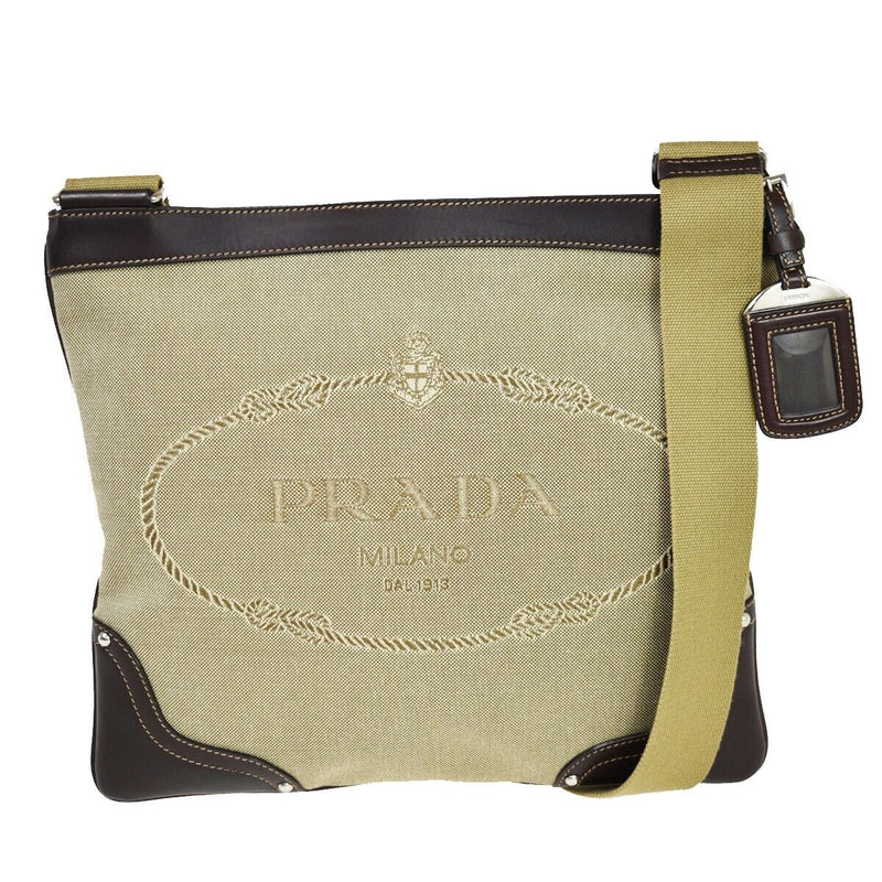 Prada Logo Jacquard Beige Canvas Shoulder Bag (Pre-Owned)