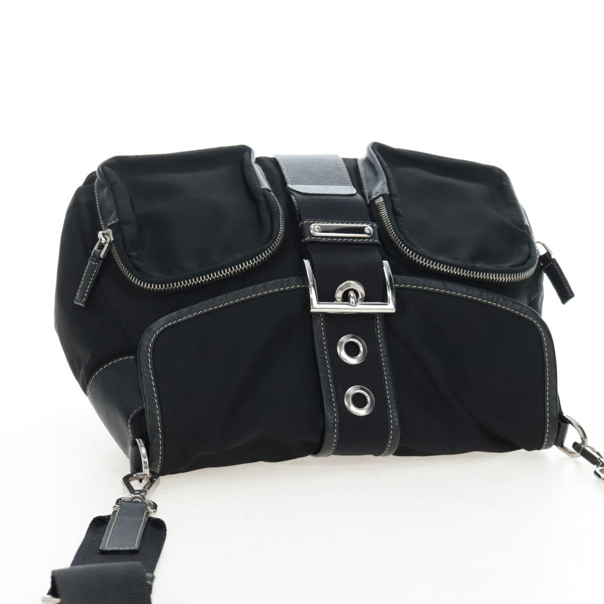 Prada Double Pocket Buckle Flap Tessuto And Leather Black Nylon Handbag (Pre-Owned)