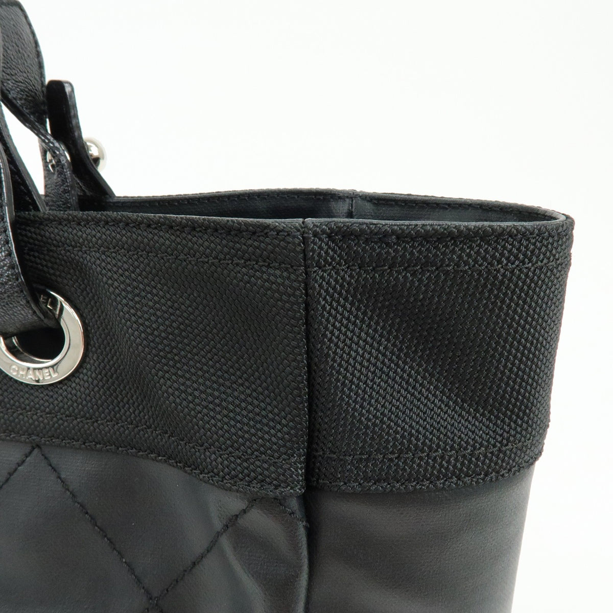 Chanel Biarritz Quilted Coated Canvas Black Leather Tote Bag Bag (Pre-Owned)