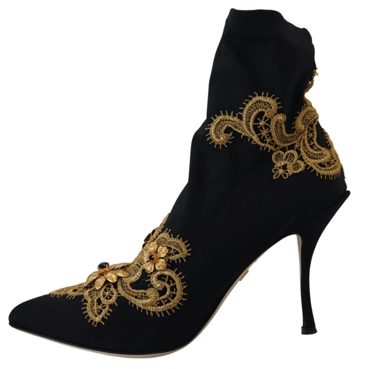 Dolce & Gabbana Black Gold Embroidery Crystal Boots Women's Shoes