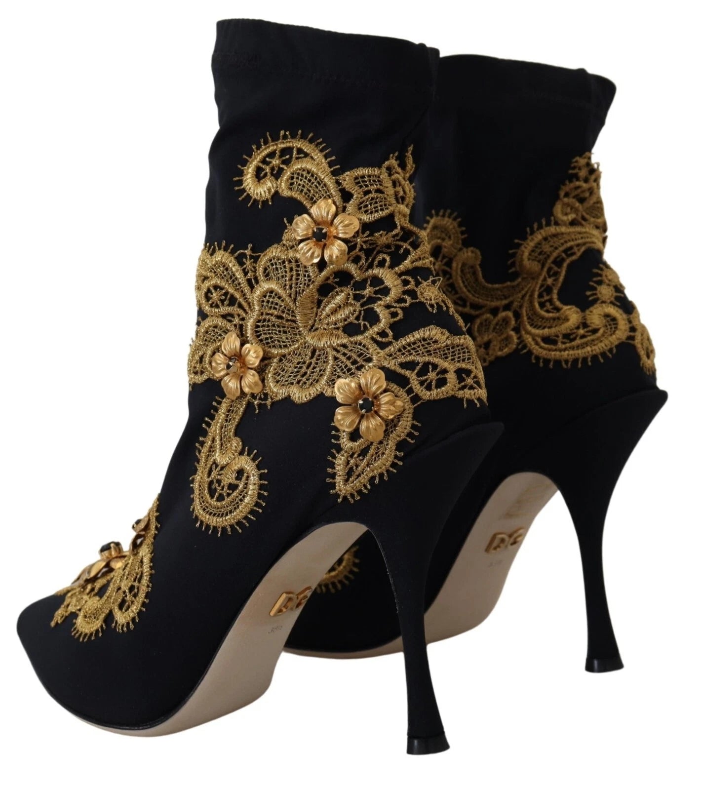 Dolce & Gabbana Black Gold Embroidery Crystal Boots Women's Shoes