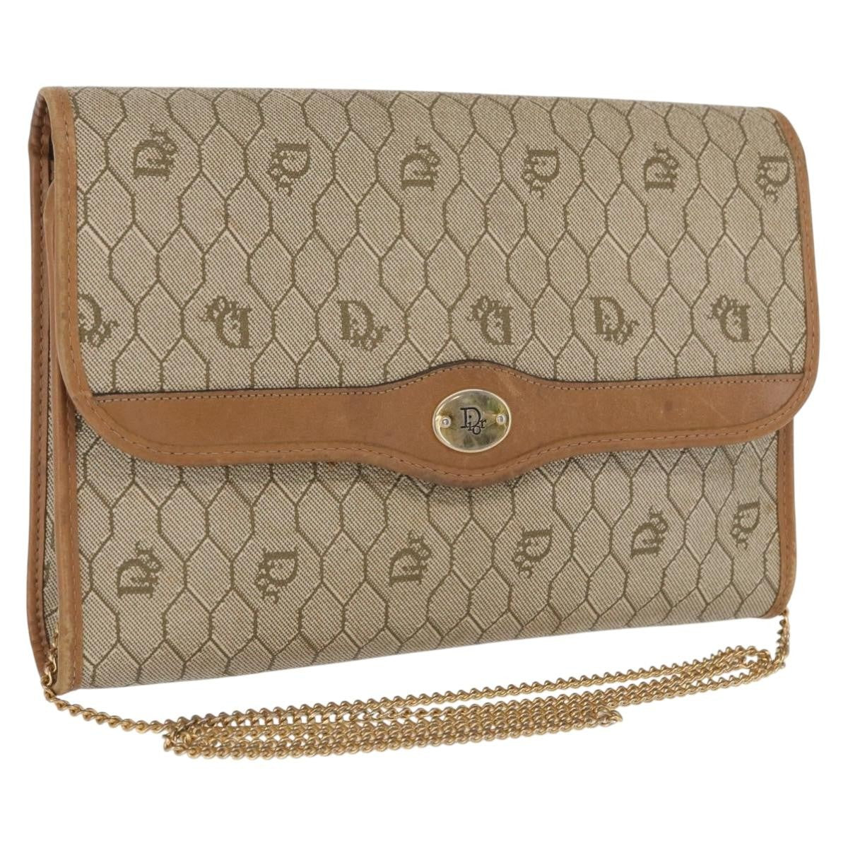 Christian Dior Vintage Honeycomb Chain Canvas Beige Canvas Shoulder Bag Bag (Pre-Owned)