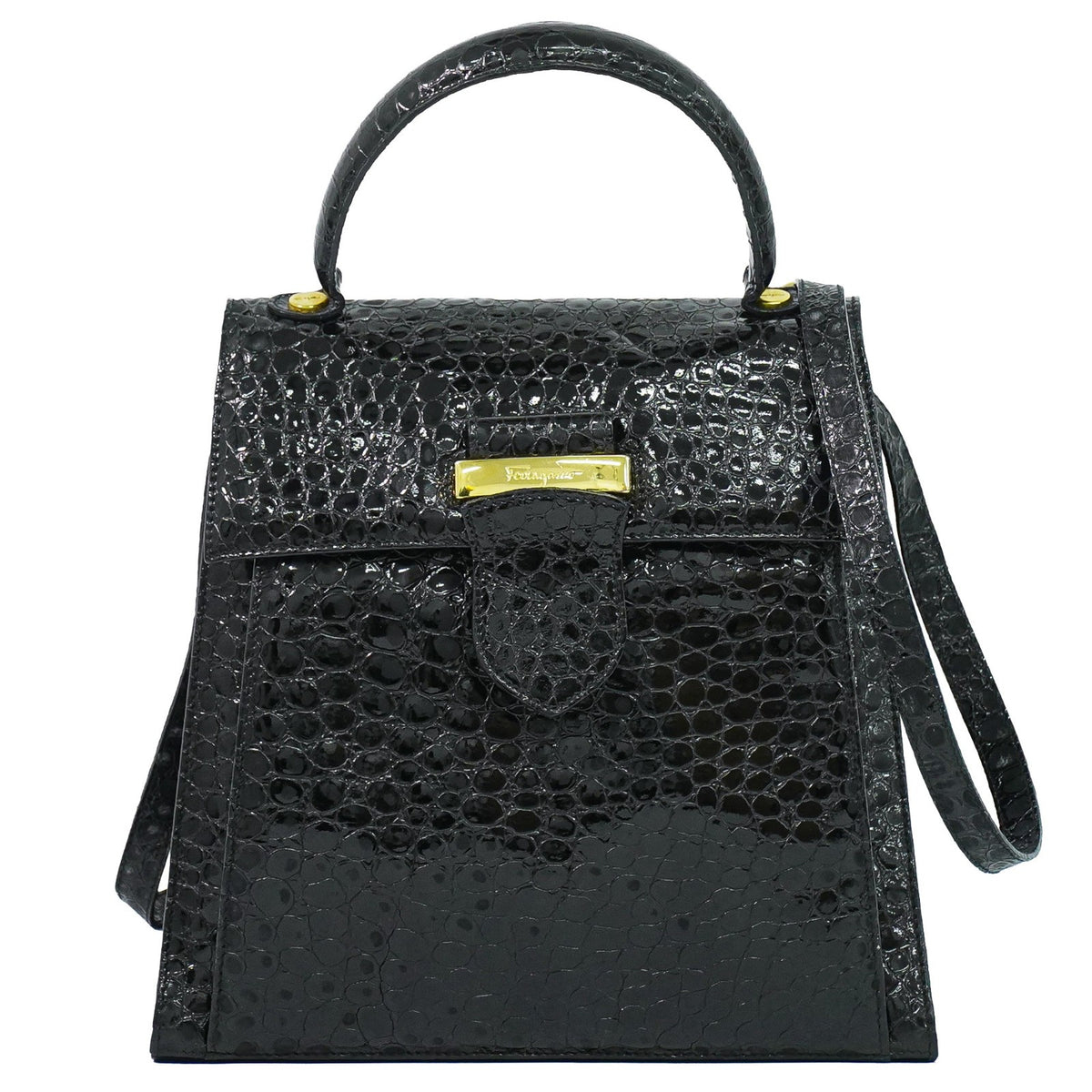 Salvatore Ferragamo Vintage Top Handle Leather Black Patent_Leather Handbag (Pre-Owned)
