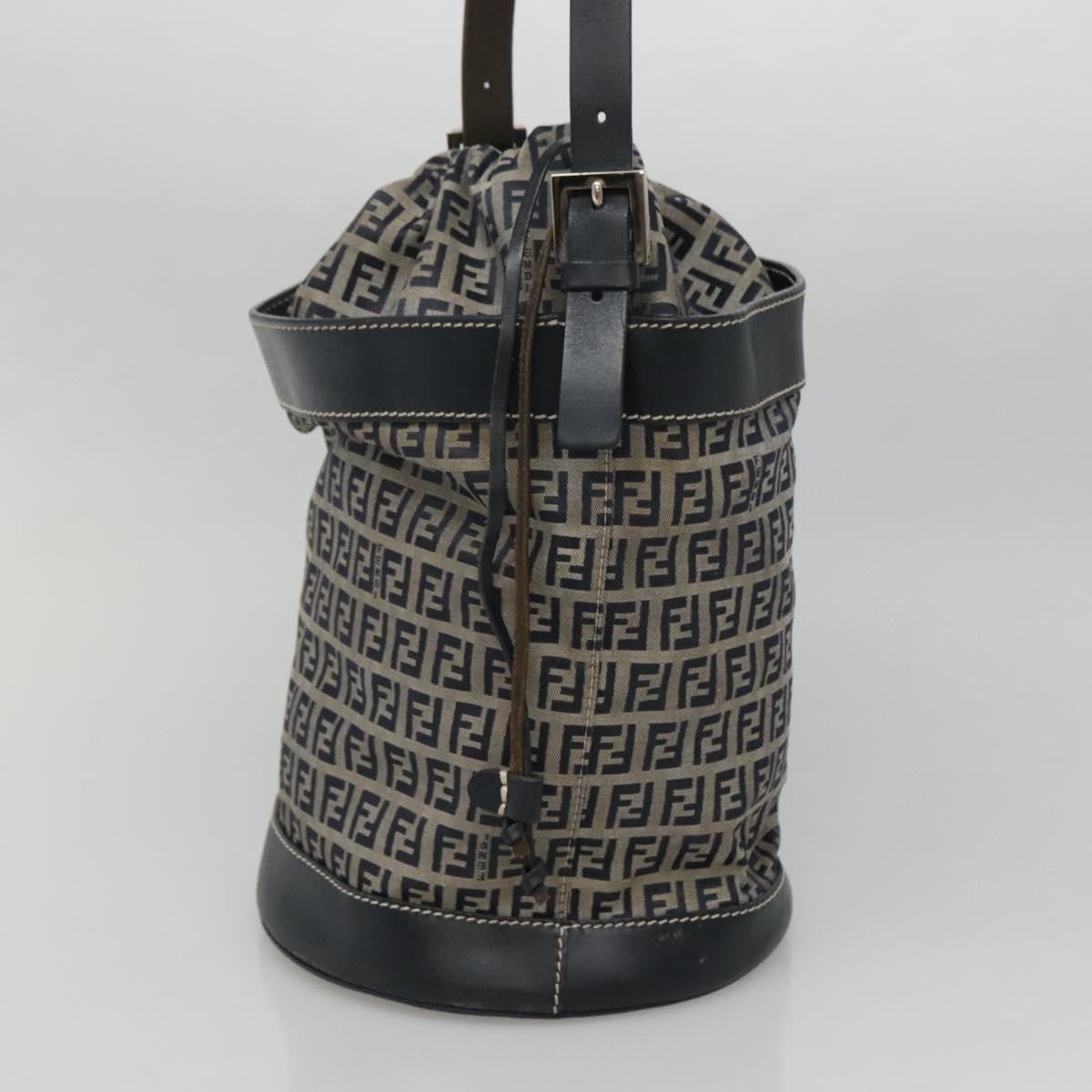 Fendi Ff Logo Mon Tresor Bucket Printed Shearling With Leather Navy Canvas Shoulder Bag Bag (Pre-Owned)