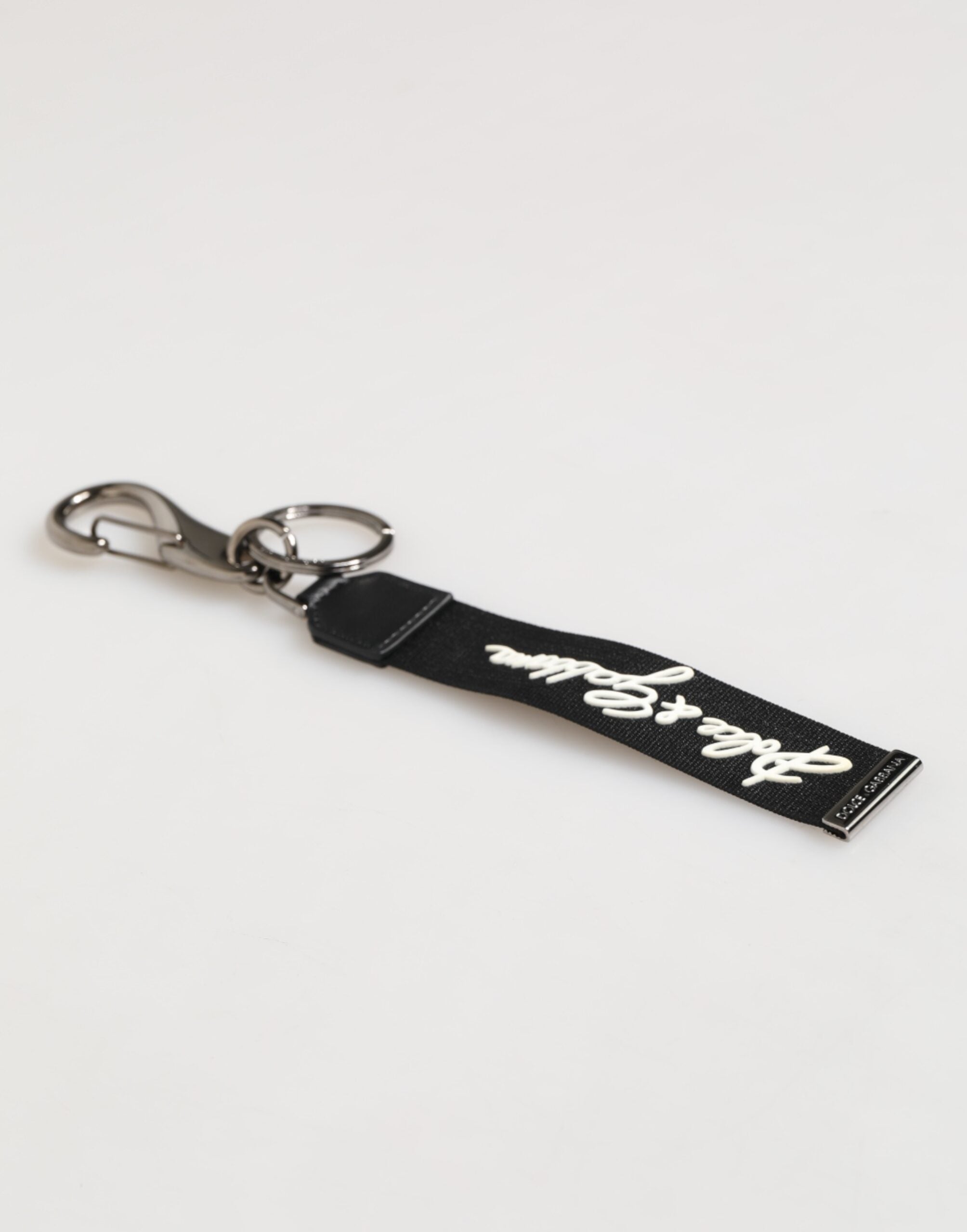 Dolce & Gabbana Black White Polyester DG Logo Silver Men Keychain Men's Keyring