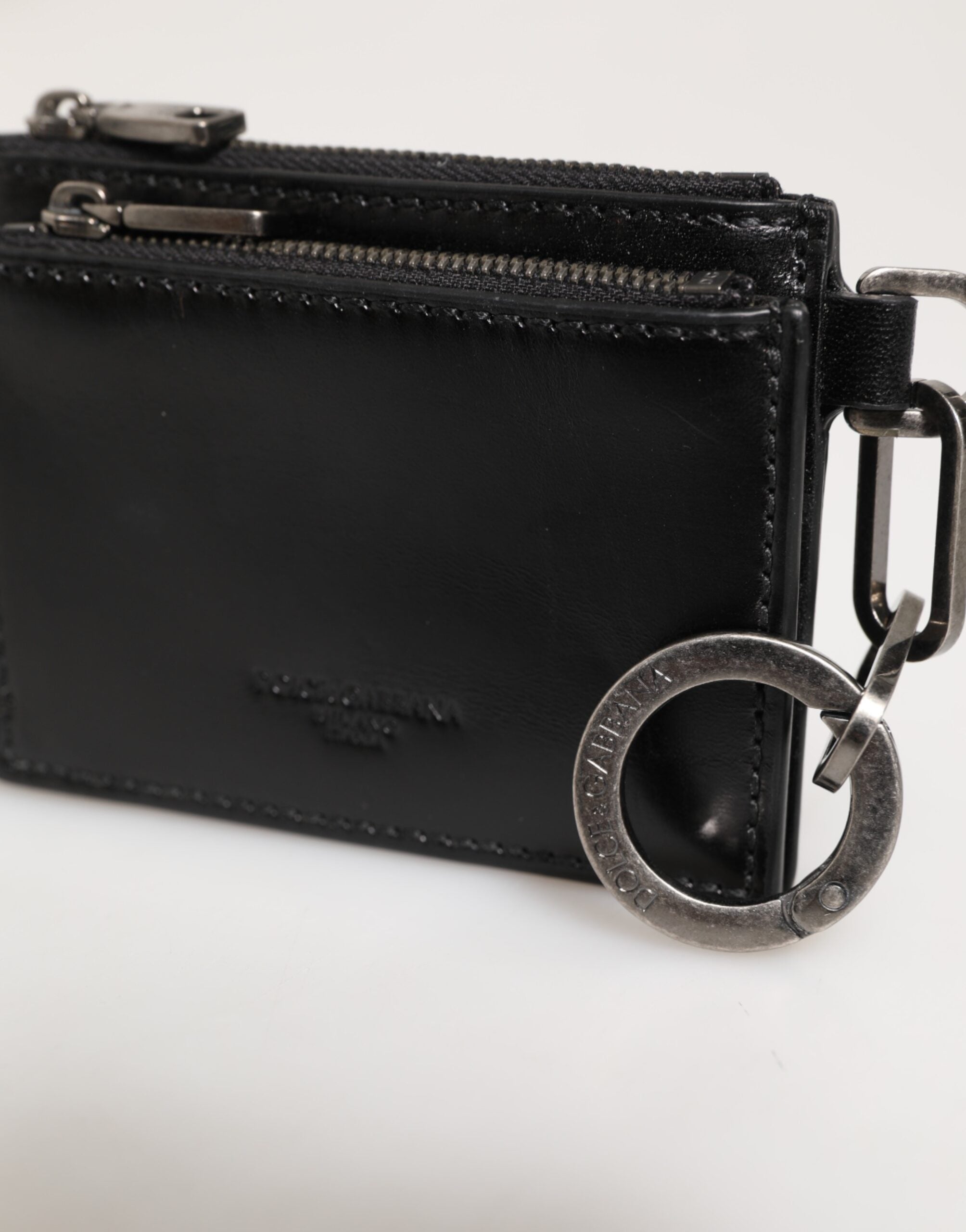 Dolce & Gabbana Black Leather Zipped Card Holder Coin Purse Keyring Men's Wallet