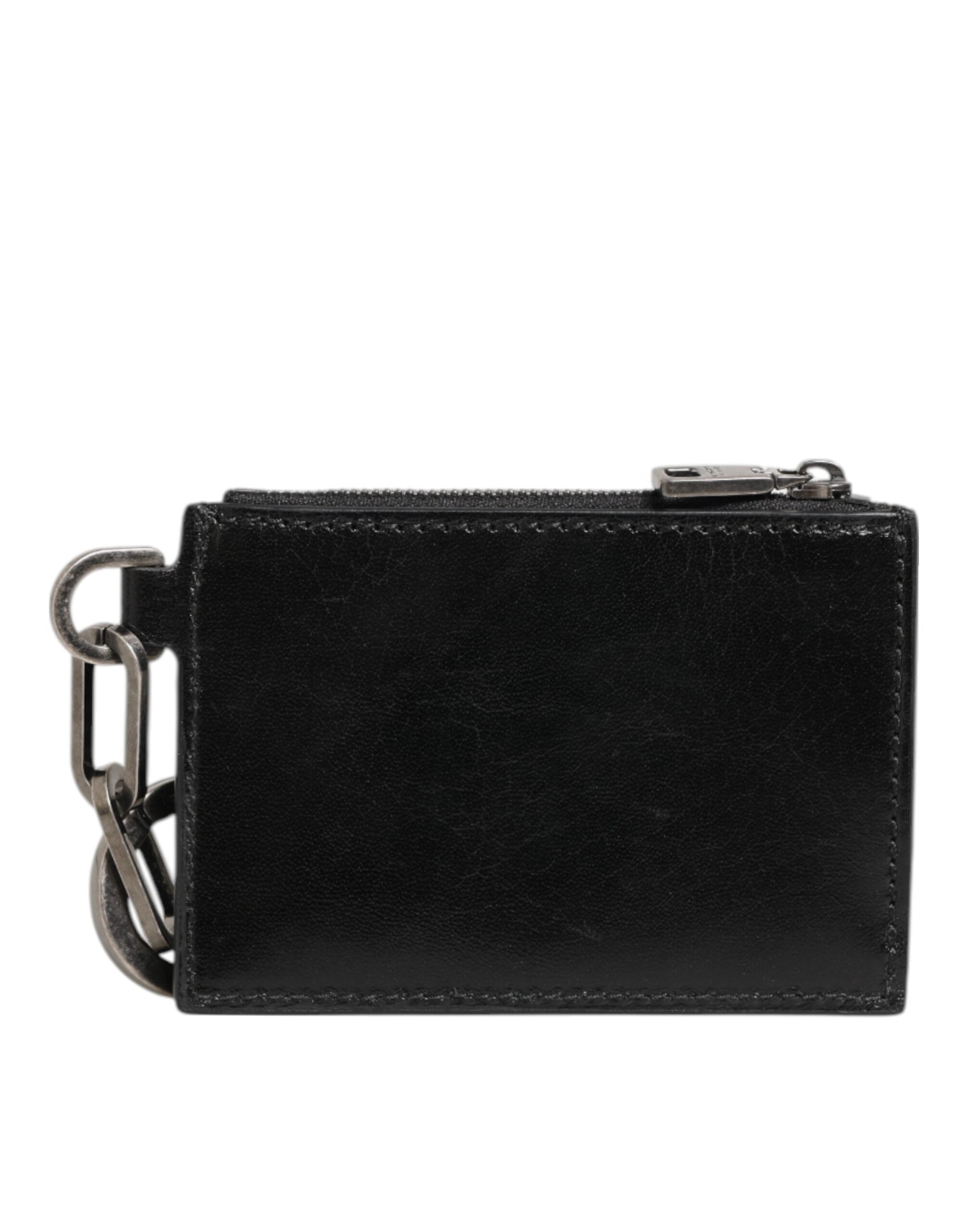 Dolce & Gabbana Black Leather Zipped Card Holder Coin Purse Keyring Men's Wallet