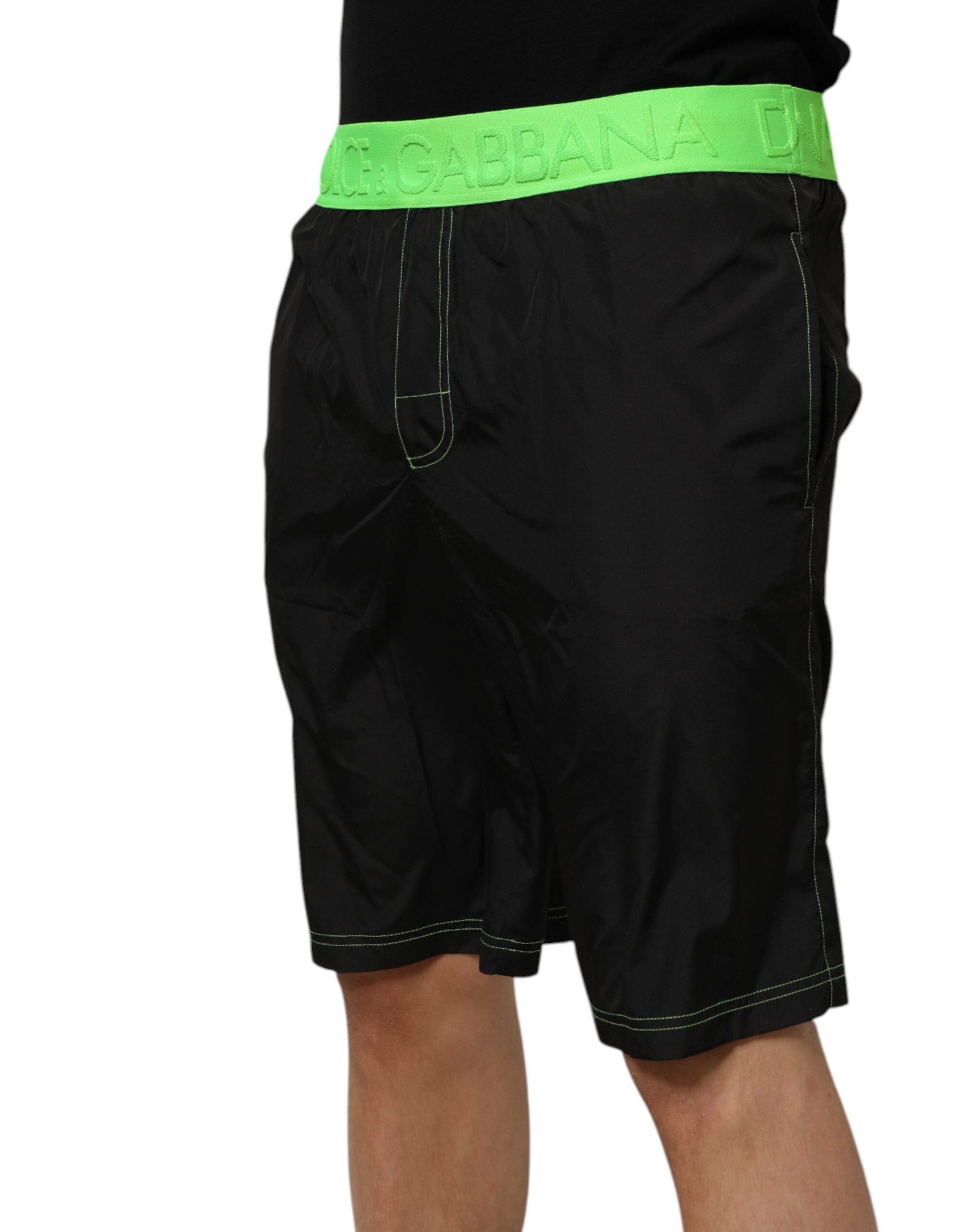 Dolce & Gabbana Black Green Logo Waistband Beachwear Short Men's Swimwear