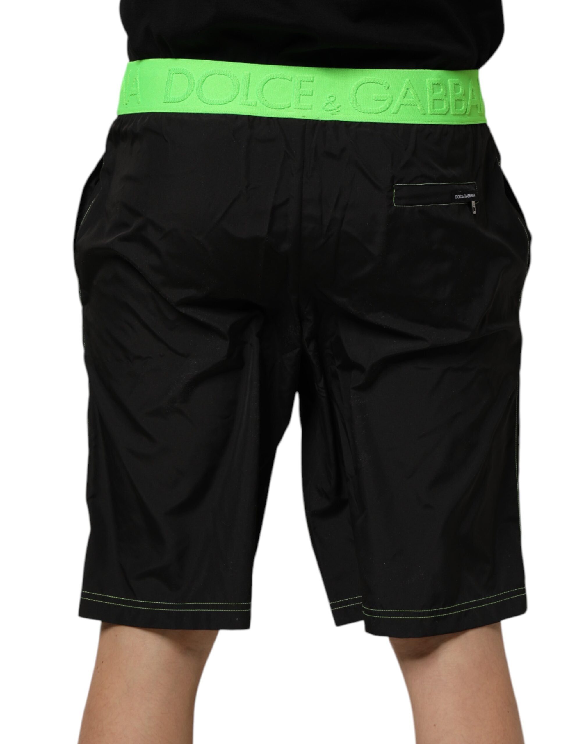 Dolce & Gabbana Black Green Logo Waistband Beachwear Short Men's Swimwear