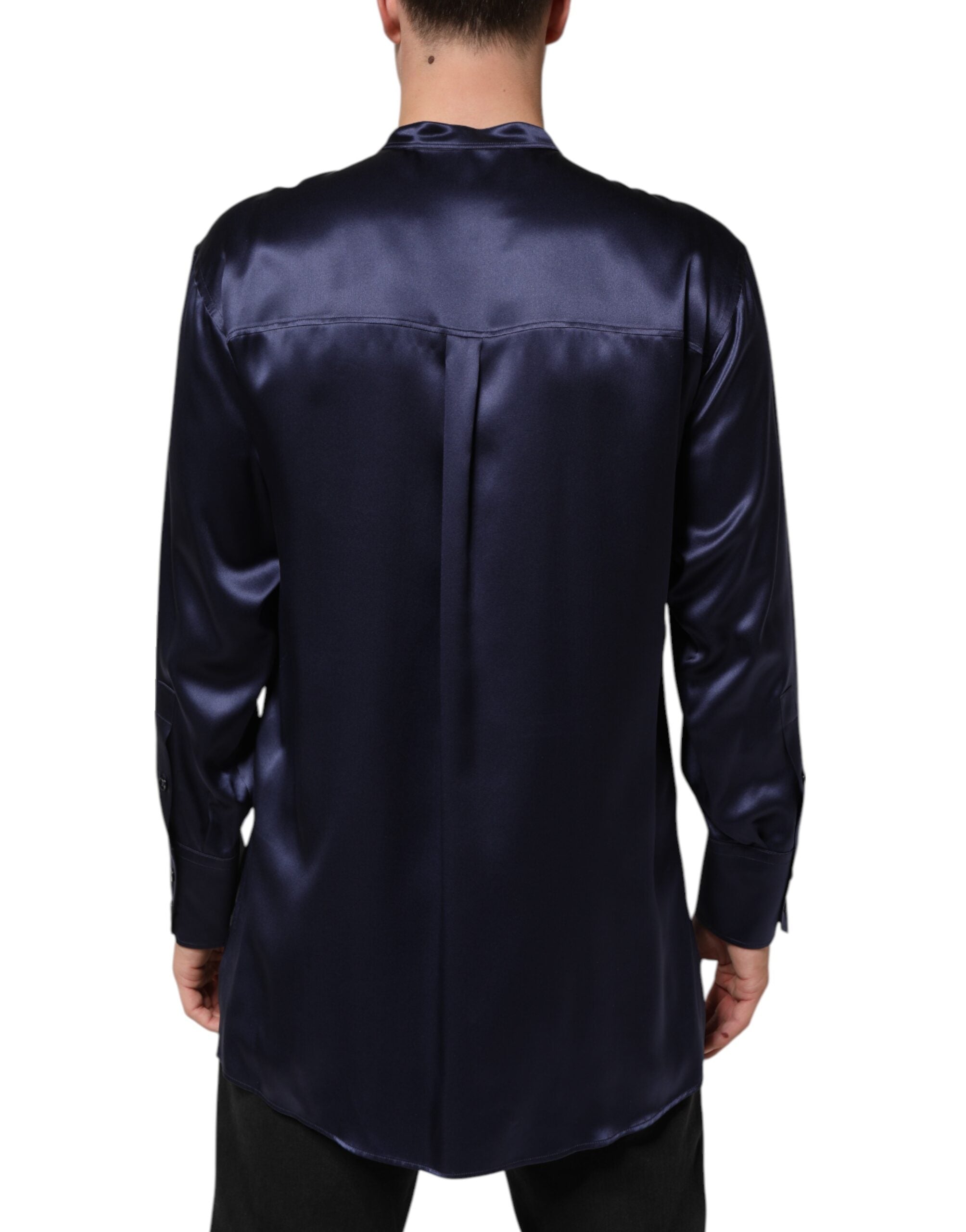 Dolce & Gabbana Navy Silk Long Sleeve Mandarin Collar Men's Shirt (Pre-Owned)