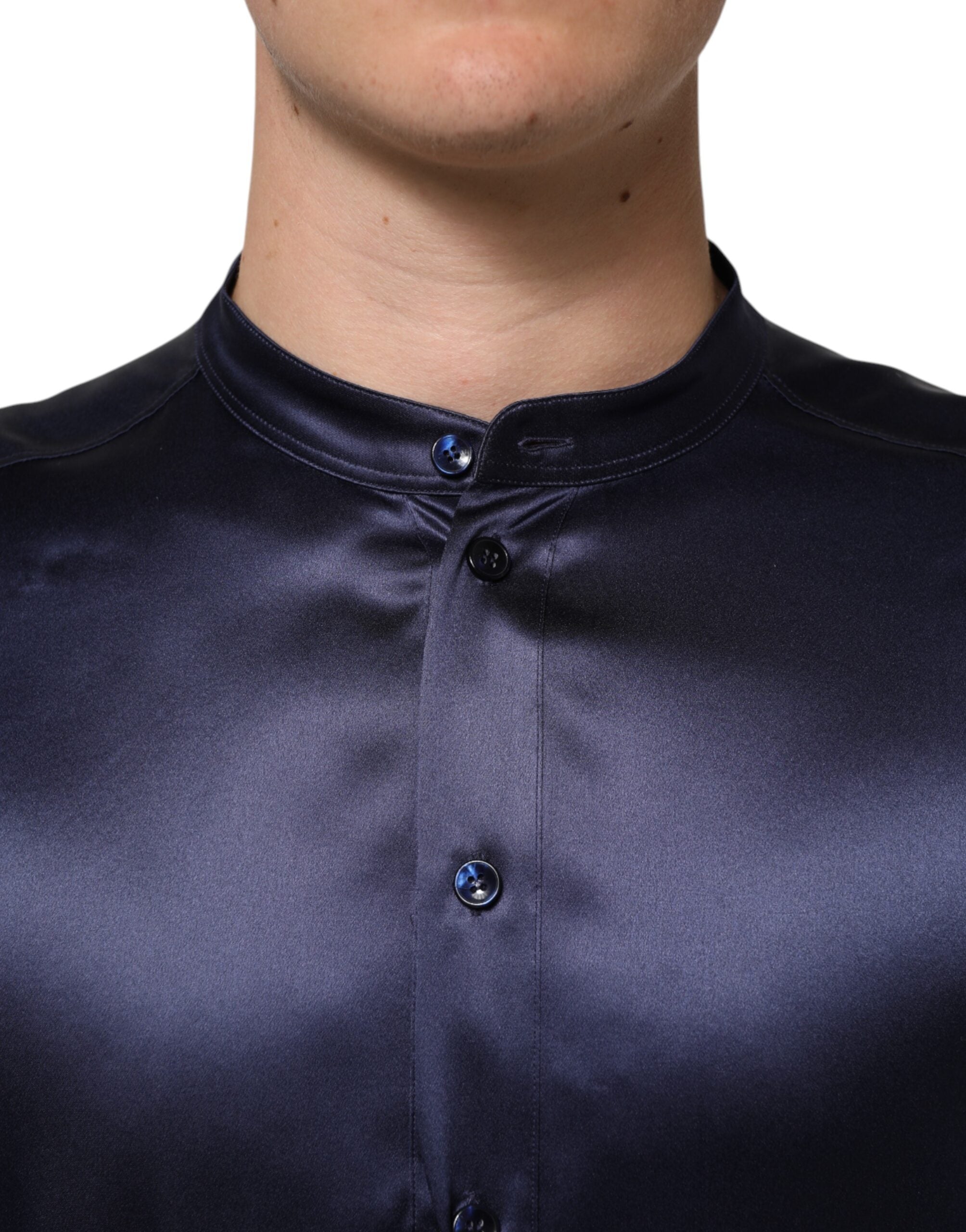 Dolce & Gabbana Navy Silk Long Sleeve Mandarin Collar Men's Shirt (Pre-Owned)