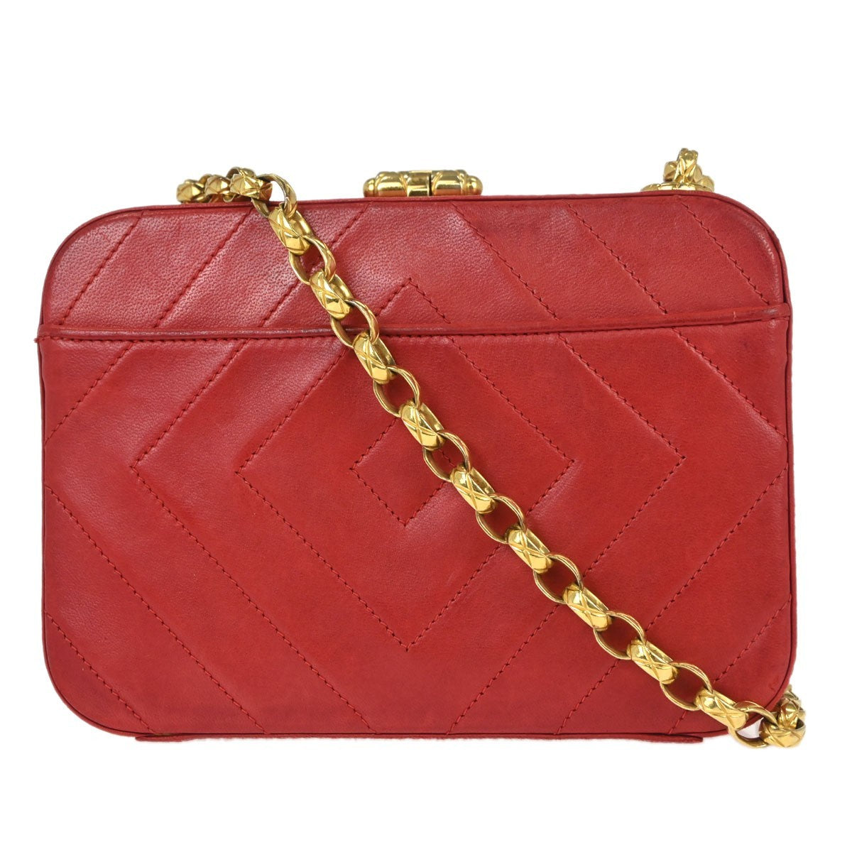Chanel Camera Chevron Lambskin Red Leather Handbag (Pre-Owned)
