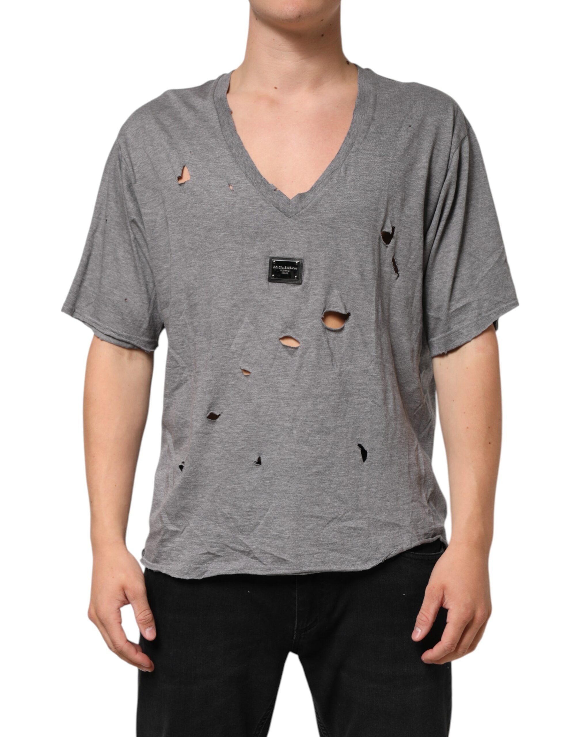 Dolce & Gabbana Gray Cotton Tattered Logo Patch Men Men's T-shirt