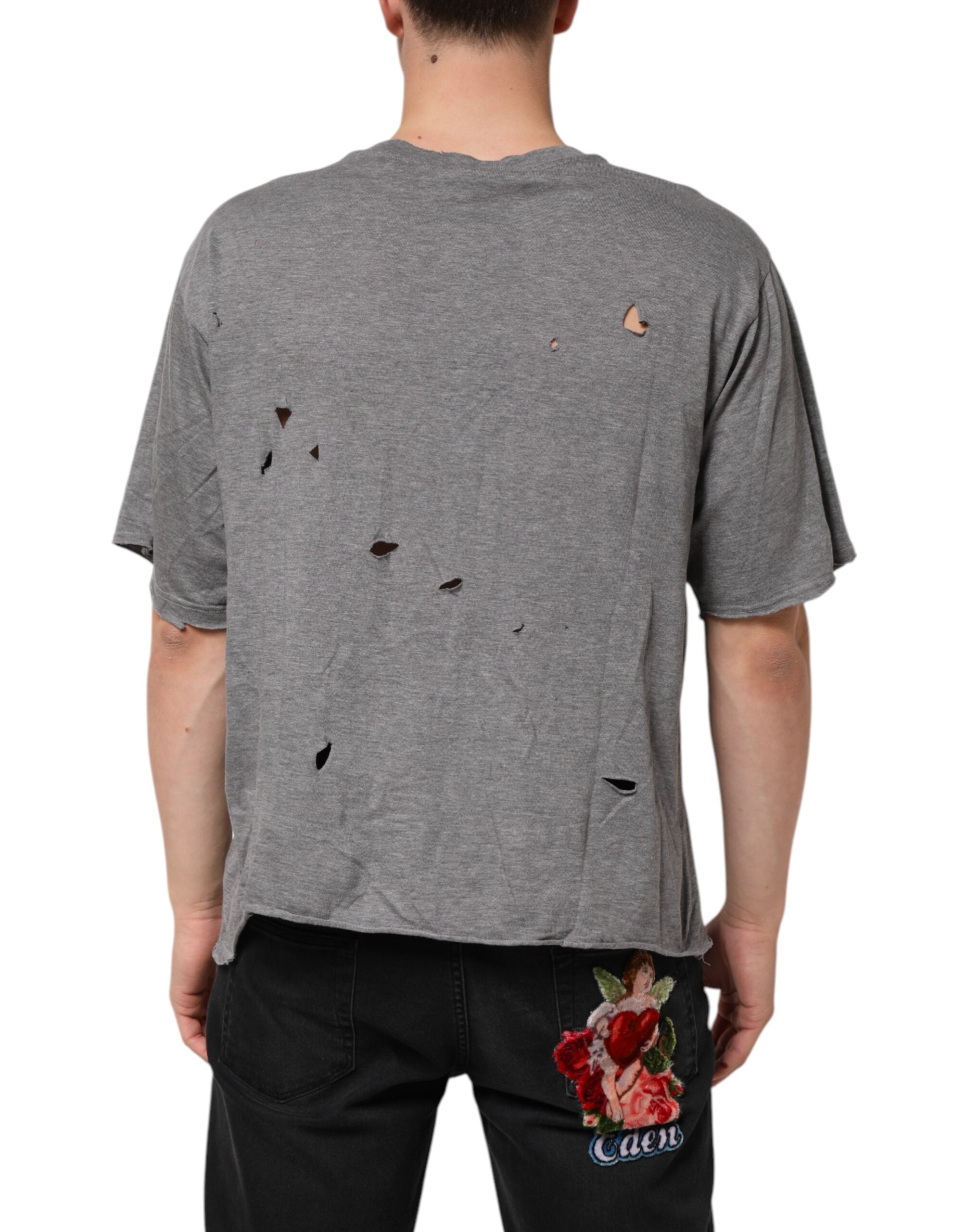 Dolce & Gabbana Gray Cotton Tattered Logo Patch Men Men's T-shirt