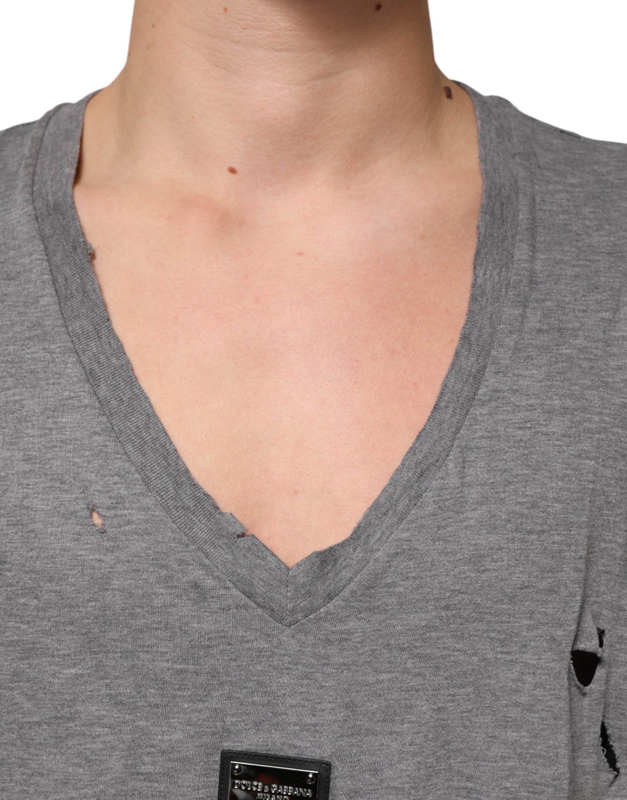 Dolce & Gabbana Gray Cotton Tattered Logo Patch Men Men's T-shirt