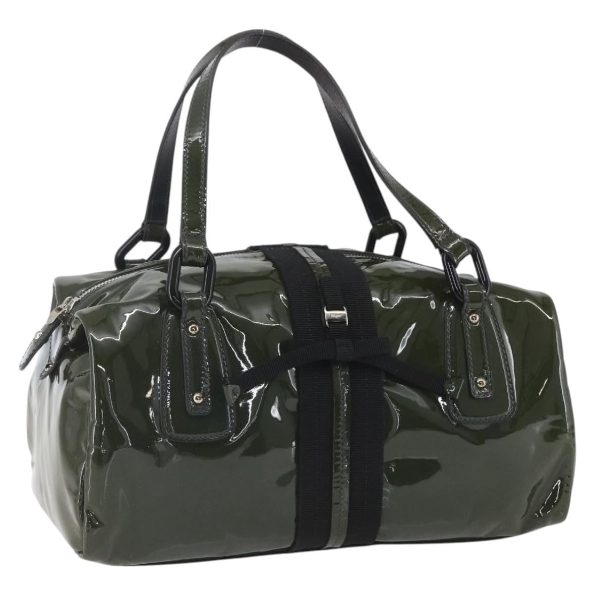 Salvatore Ferragamo Vintage Patent Leather Khaki Patent_Leather Handbag (Pre-Owned)