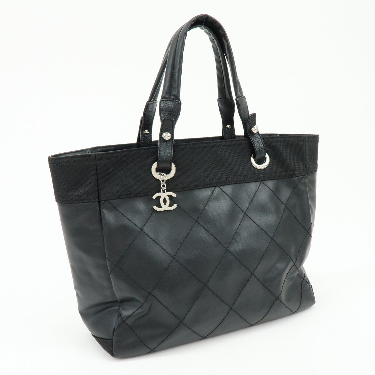 Chanel Biarritz Quilted Coated Canvas Black Leather Tote Bag Bag (Pre-Owned)